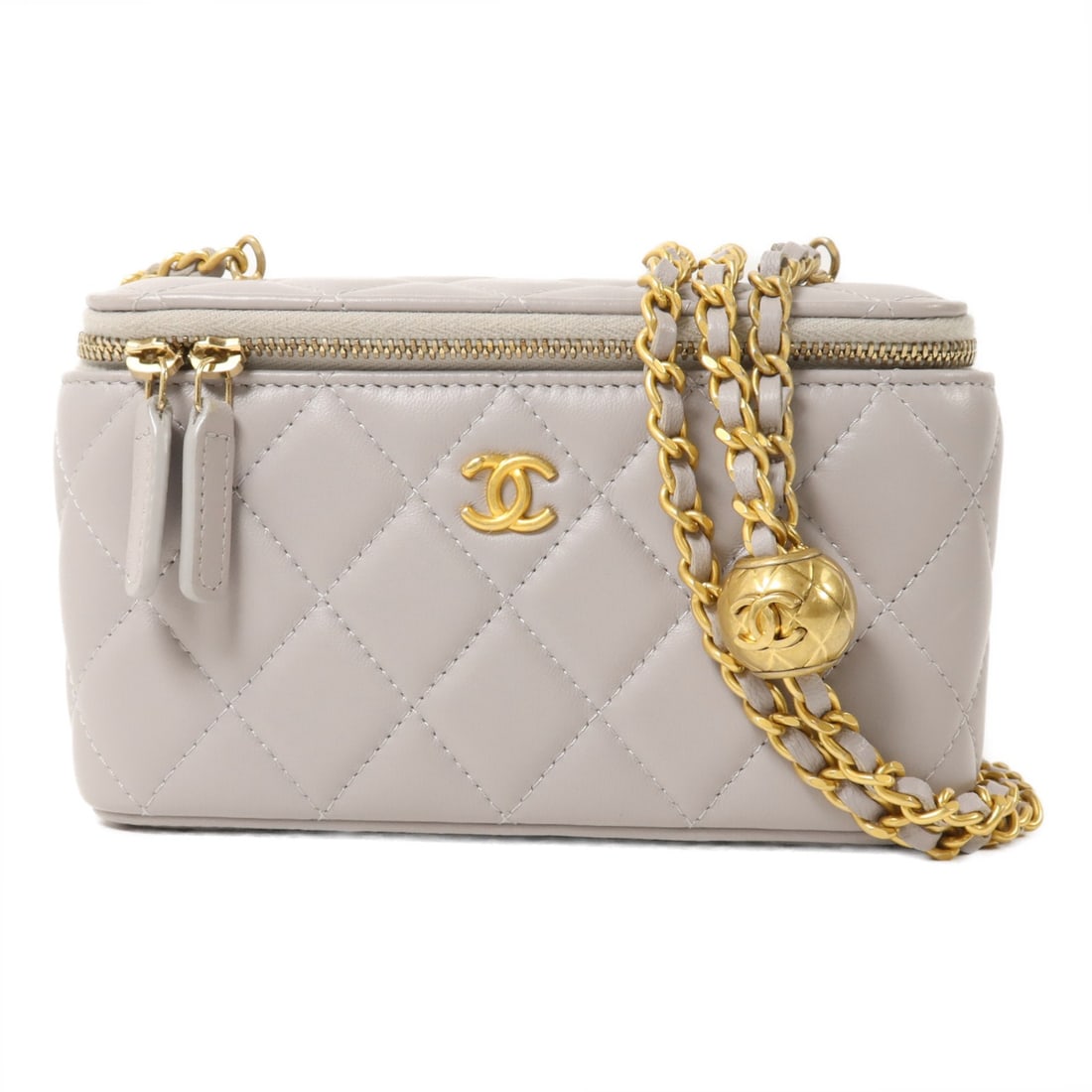 CHANEL Grey Lambskin Vanity Case Shoulder Bag GHW: CHANEL Grey Lambskin Vanity Case Shoulder Bag GHW This CHANEL CC Vanity Case Chain Shoulder Bag features luxurious grey lambskin leather and gold-tone hardware. Designed with a compact silhouette, it 