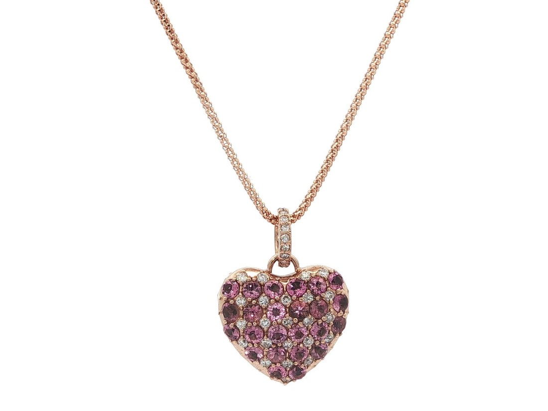 18k Rose Gold 4.1ct Reversible Heart Pendant with Diamonds and Tourmaline: 18k Rose Gold 4.1ct Reversible Heart Pendant with Diamonds and Tourmaline This stunning reversible heart pendant features an exquisite combination of 4.1 carats of natural diamonds and pink tourmaline
