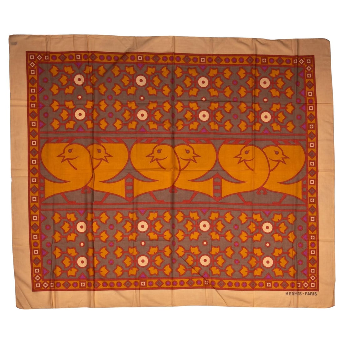 Hermes Multicolor Cotton Silk Sarong with Bird Design 58x66: Hermes Multicolor Cotton Silk Sarong with Bird Design 58x66 This exquisite Hermes Multicolor Cotton Silk Sarong features a captivating design with birds at the center, beautifully framed by geometric 