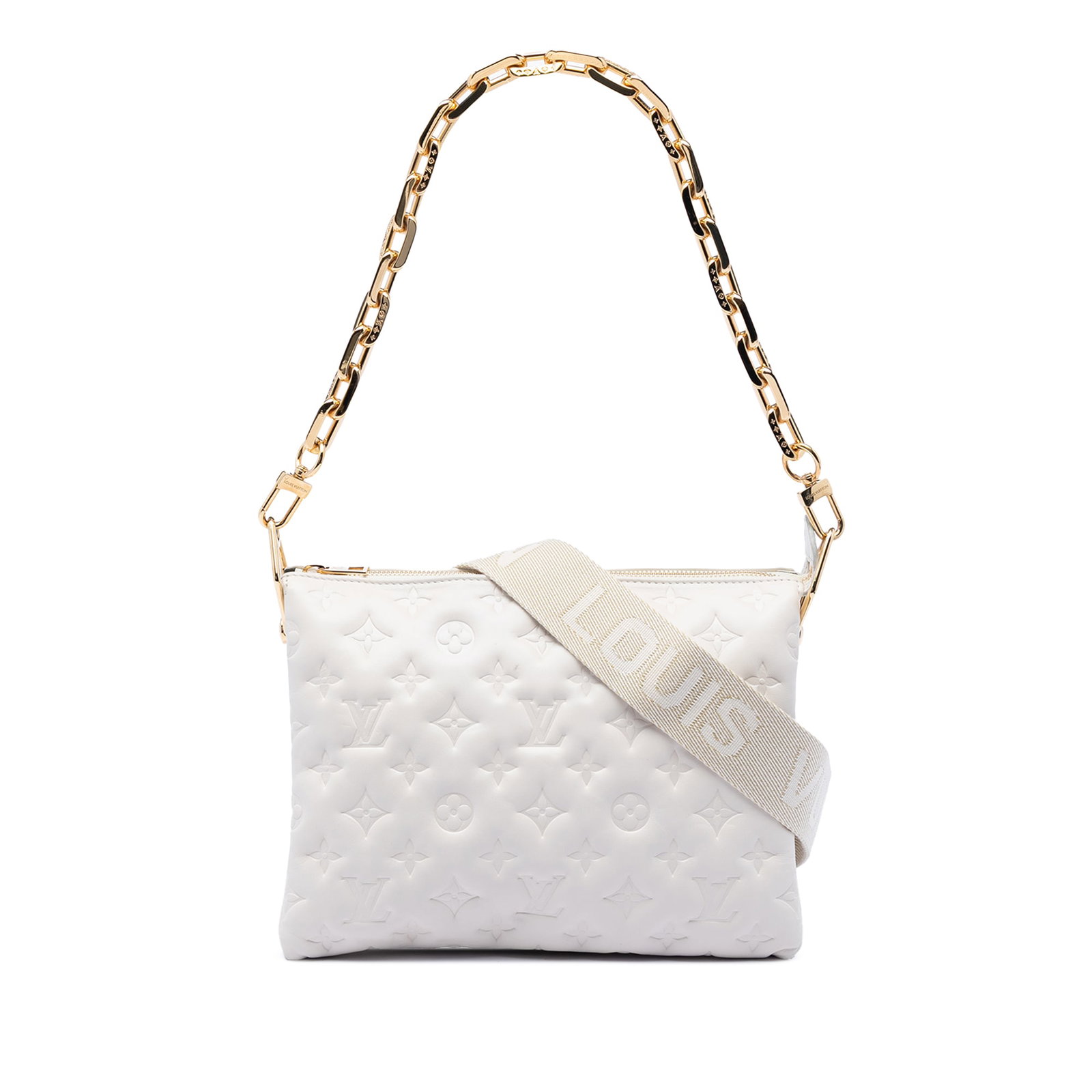 Louis Vuitton Coussin PM monogram embossed lambskin bag: Louis Vuitton Coussin PM monogram embossed lambskin bag This Louis Vuitton Monogram Embossed Puffy Lambskin Coussin PM features a luxurious embossed lambskin leather body in white, accented with a gol