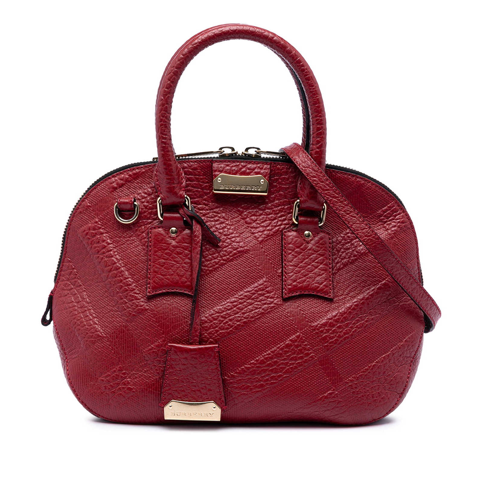 Burberry Orchard Bowling Bag Red Grained Leather: Burberry Orchard Bowling Bag Red Grained Leather This Burberry Small Heritage Grain Check Embossed Leather Orchard Bowling Bag features a red embossed and grained leather exterior with rolled leather 