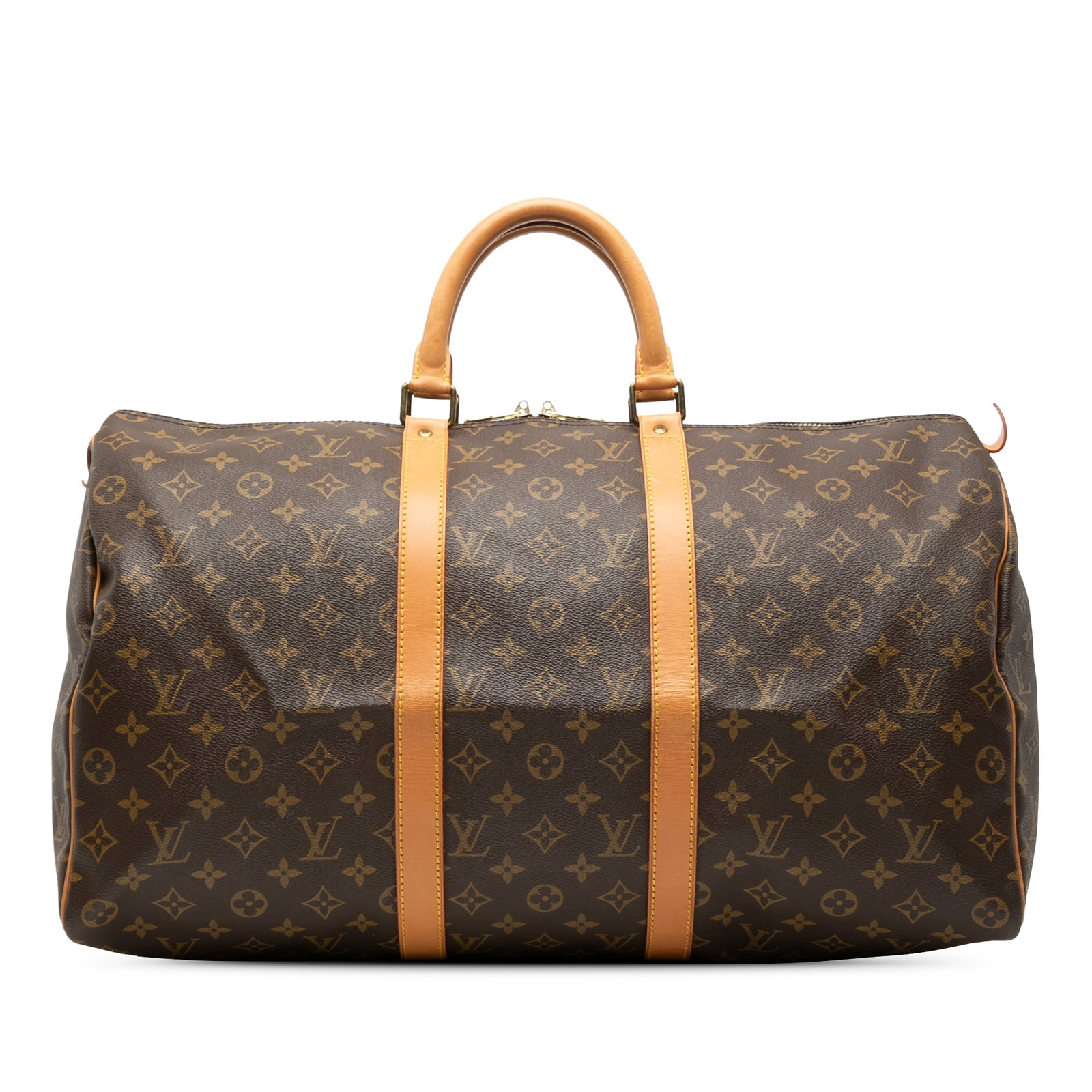 Louis Vuitton Keepall 50 Brown Monogram Canvas Travel Bag with Leather Trim: Louis Vuitton Keepall 50 Brown Monogram Canvas Travel Bag with Leather Trim This Louis Vuitton Monogram Keepall 50 features the iconic monogram canvas with vachetta leather trim, rolled vachetta leath