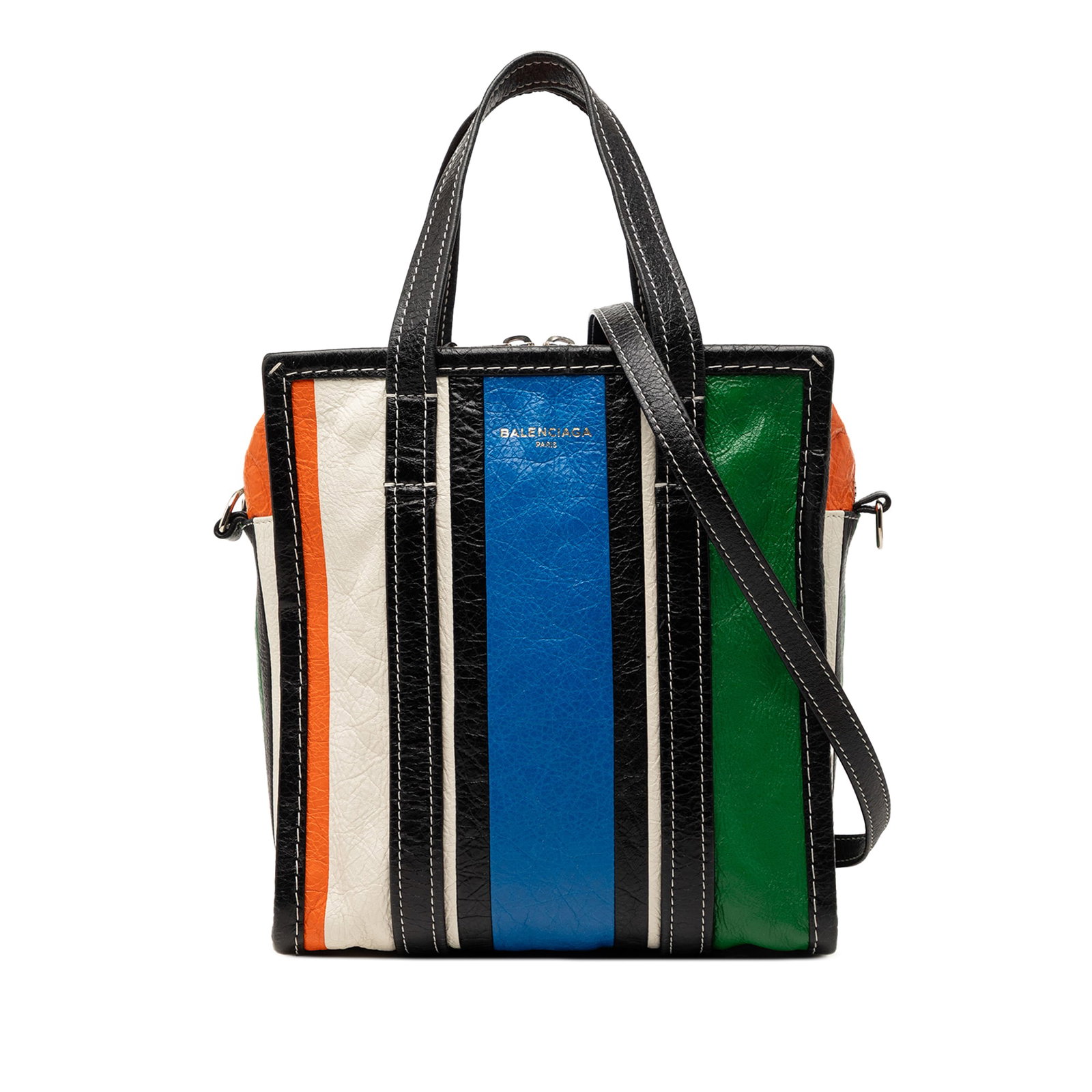 Balenciaga Blue Lambskin Bazar XS Satchel Bag: Balenciaga Blue Lambskin Bazar XS Satchel Bag This Balenciaga Bazar Shopper Satchel XS is crafted from lambskin leather in blue and features flat leather handles, a detachable flat strap, and a two-wa