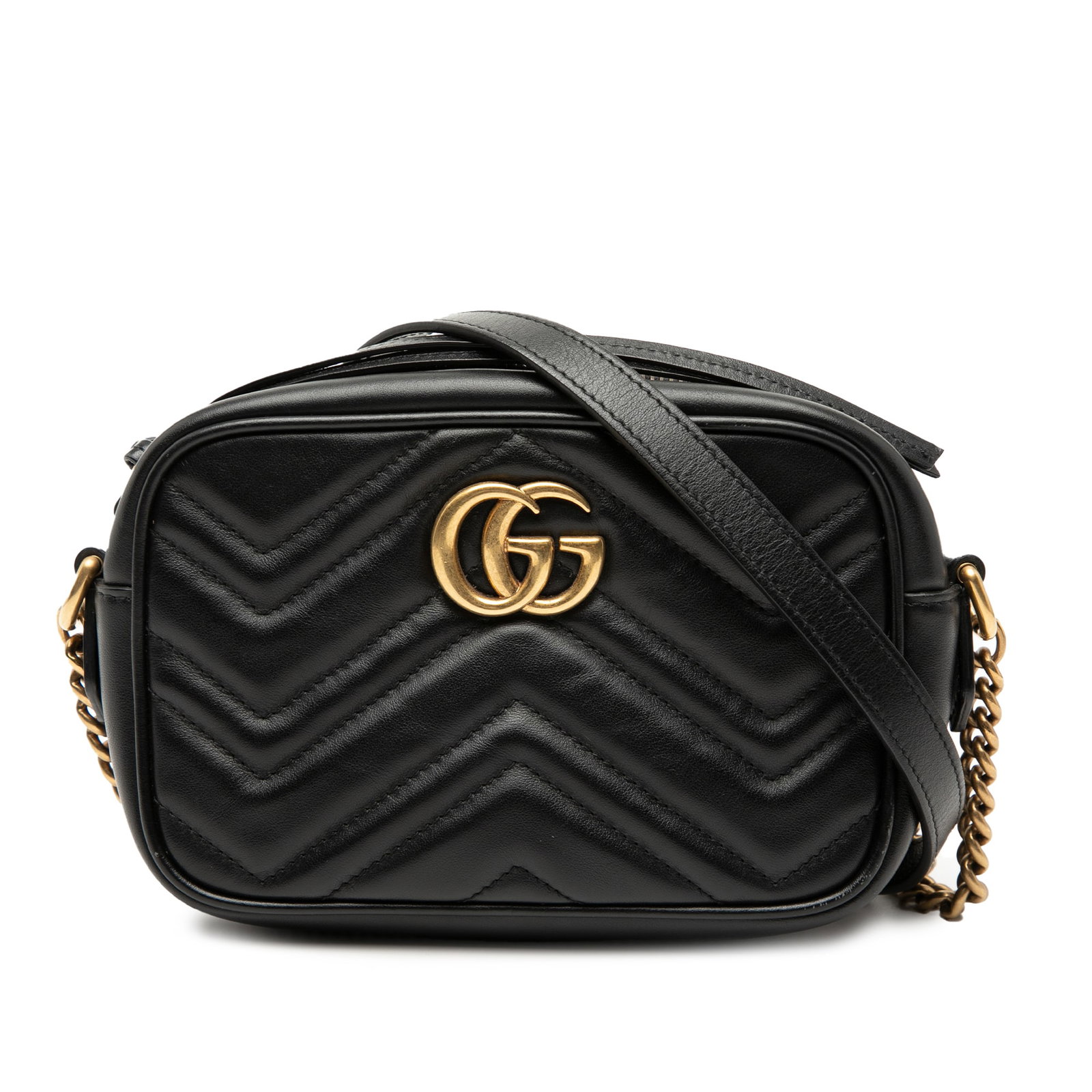 Gucci Mini Marmont Black Quilted Leather Crossbody Bag: Gucci Mini Marmont Black Quilted Leather Crossbody Bag This Gucci Mini GG Marmont Matelasse Leather Crossbody features a quilted leather exterior in black, a curb chain link and leather strap, a top z