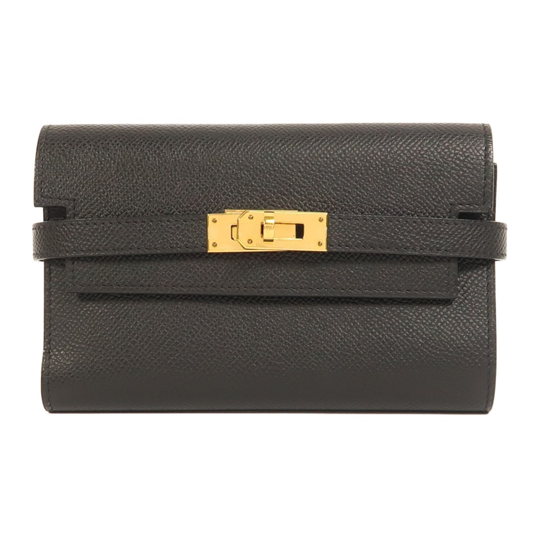 HERMES Kelly Compact Wallet Epsom Leather Black GHW: HERMES Kelly Compact Wallet Epsom Leather Black GHW This HERMES Kelly Compact Wallet is a sophisticated bi-fold wallet crafted from high-quality Epsom leather in a classic Noir (black) color. It featu