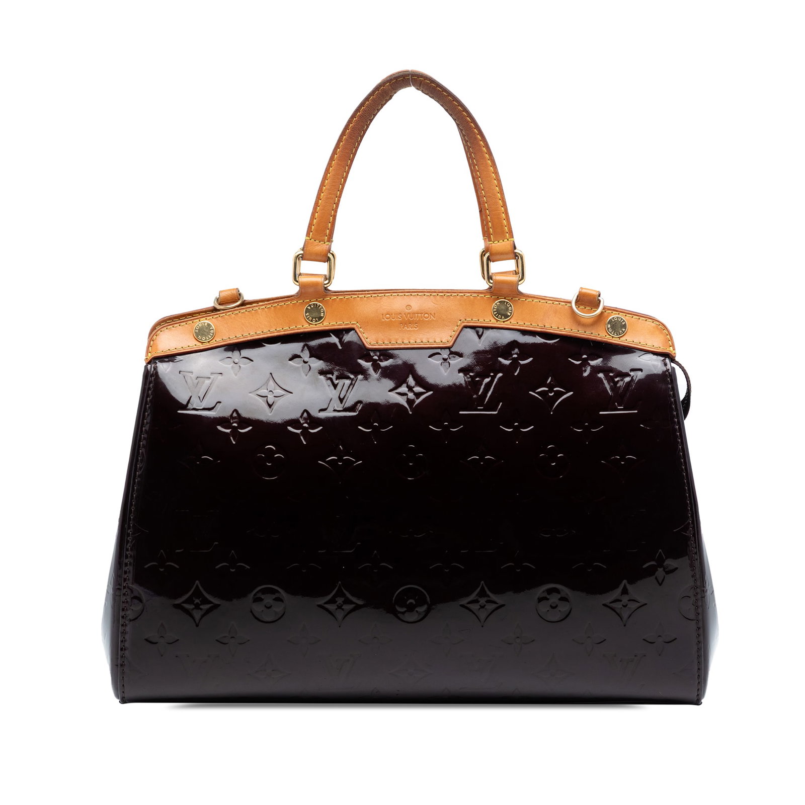 Louis Vuitton Brea MM Purple Vernis Leather Handbag with Vachetta Trim: Louis Vuitton Brea MM Purple Vernis Leather Handbag with Vachetta Trim This Louis Vuitton Monogram Vernis Brea MM features a vernis leather body with vachetta leather trim, flat vachetta leather handl