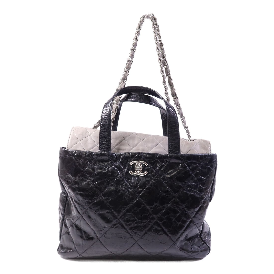 Chanel Portobello Tote Black Calfskin Shoulder Bag with Silver Hardware: Chanel Portobello Tote Black Calfskin Shoulder Bag with Silver Hardware This CHANEL Portobello shoulder bag features black and gray calfskin leather with silver-tone hardware. Designed in a tote style