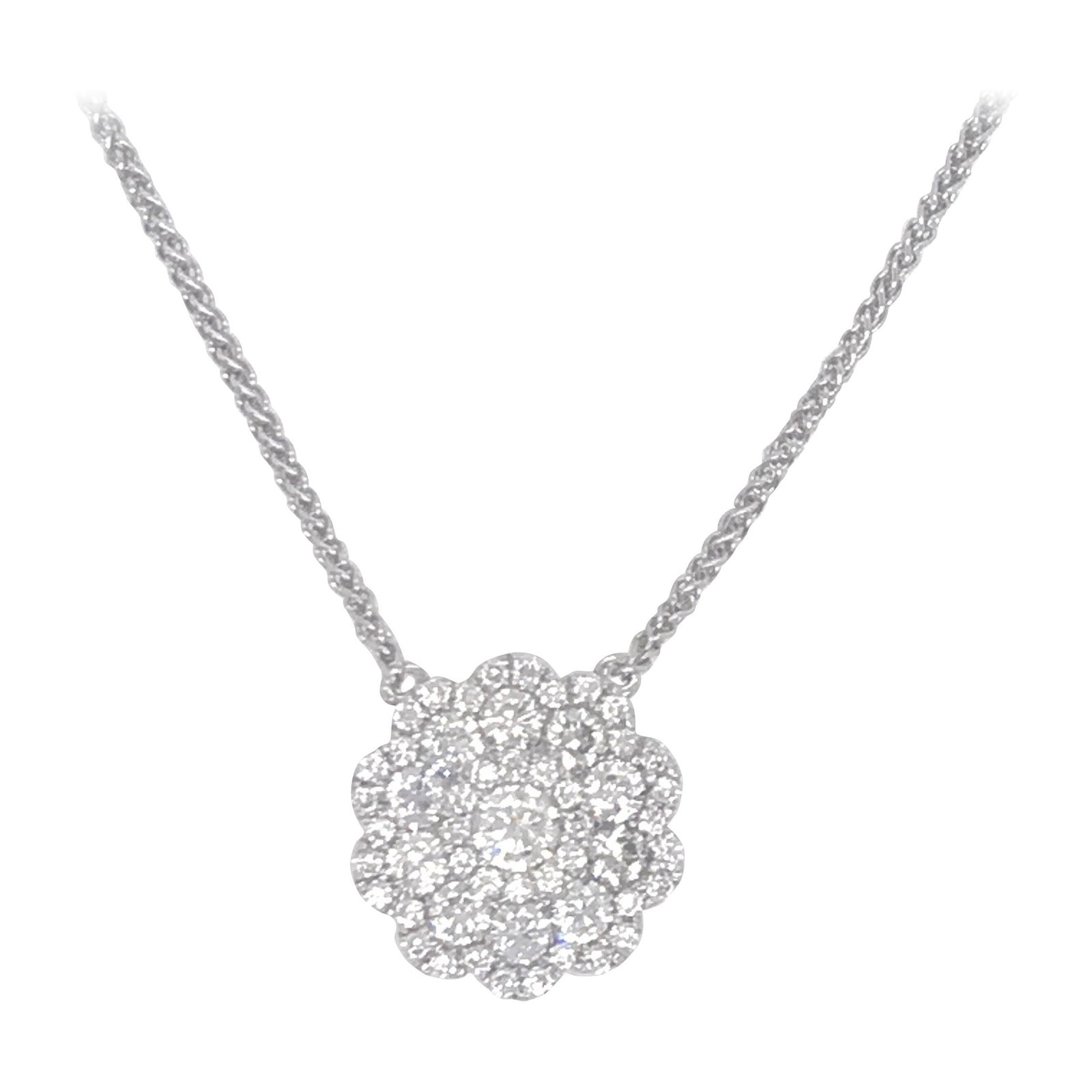 Harbor Diamonds 18K White Gold Floral Pendant Necklace 0.62 ct Diamonds: Harbor Diamonds 18K White Gold Floral Pendant Necklace 0.62 ct Diamonds This exquisite 18K white gold pendant necklace showcases a stunning floral motif adorned with 53 round brilliant diamonds, colle