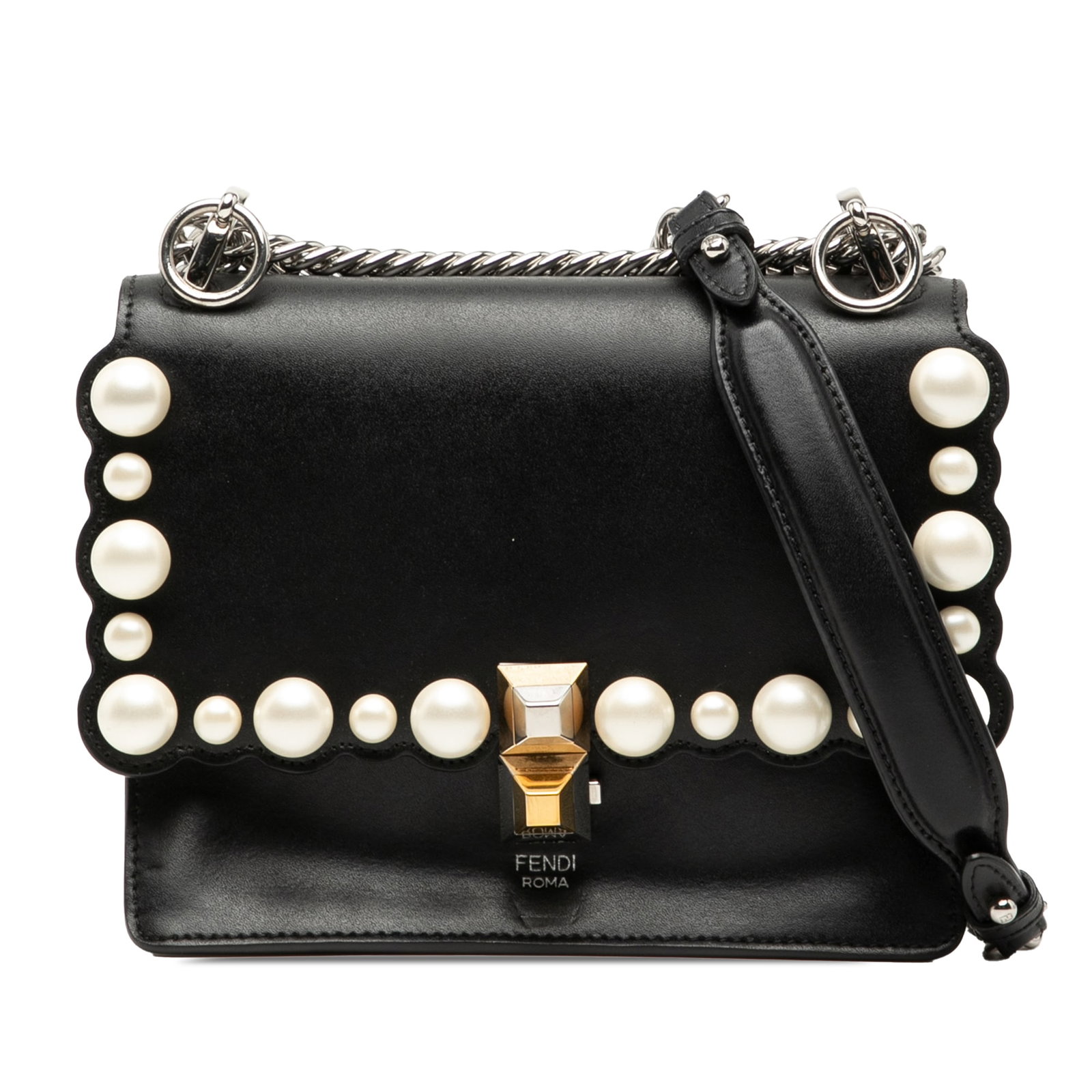 Fendi Kan I Mini Pearl Embellished Scalloped Leather Crossbody Bag: Fendi Kan I Mini Pearl Embellished Scalloped Leather Crossbody Bag This Fendi Mini Scalloped Leather and Pearls Kan I Crossbody features a black leather body adorned with pearl embellishments. It incl