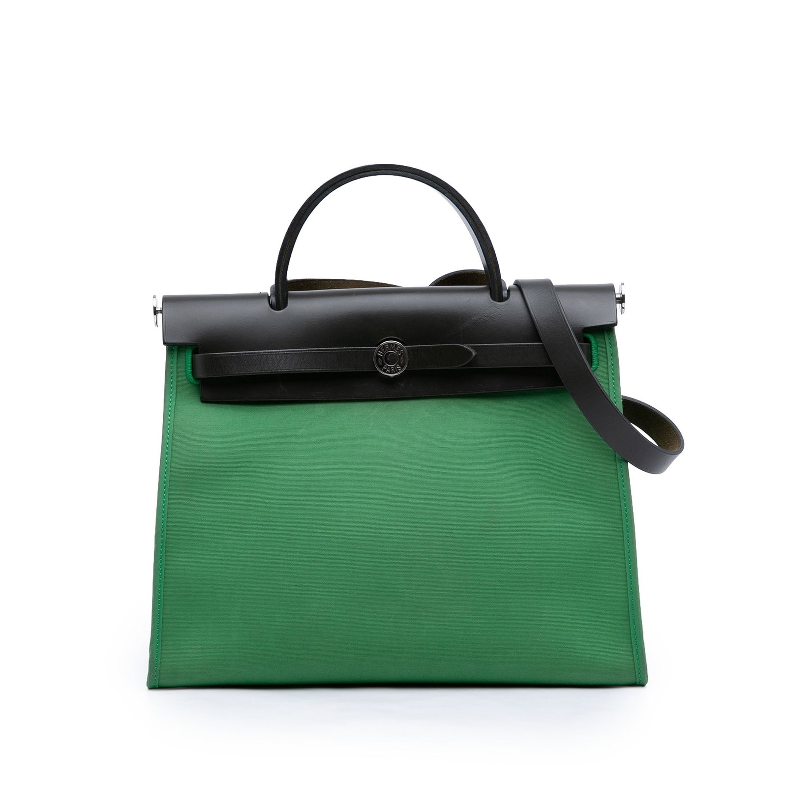 Hermes Herbag Zip 31 green canvas leather bag: Hermes Herbag Zip 31 green canvas leather bag This Hermes Military Toile and Vache Hunter Herbag Zip 31 features a green canvas body with a flat leather shoulder strap, a top flap secured with a pull-