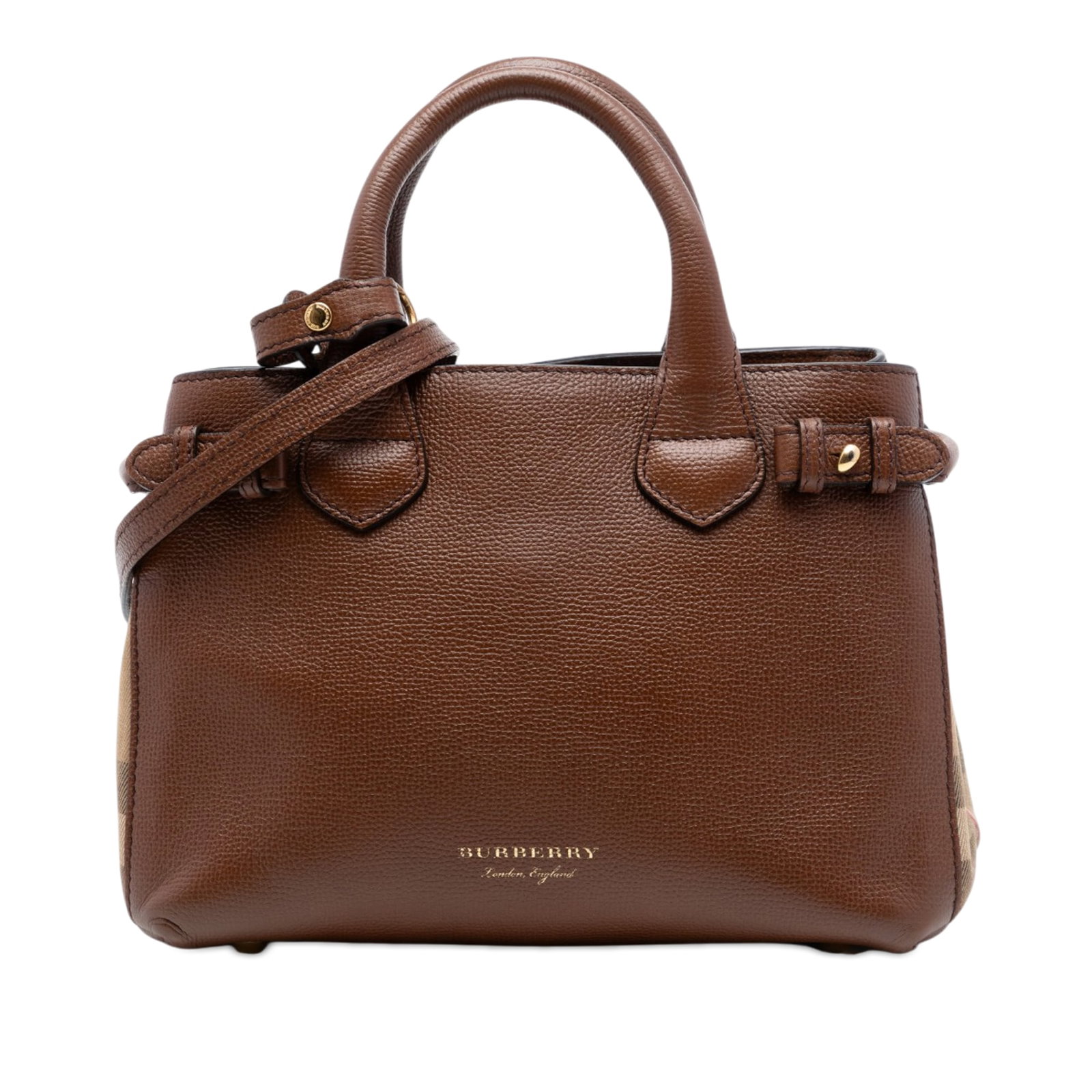 Burberry Banner Satchel in Grainy Calfskin and House Check: Burberry Banner Satchel in Grainy Calfskin and House Check This Burberry Small Grainy Calfskin and House Check Banner Satchel is crafted from leather and features rolled leather handles, an adjustable