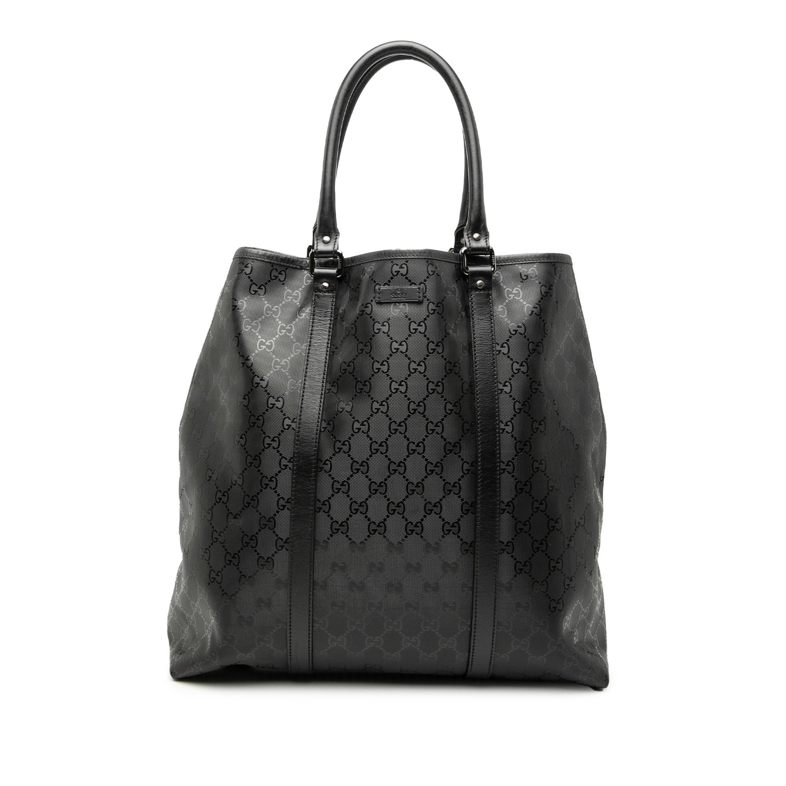 Gucci GG Imprime Joy Black Coated Canvas Vertical Tote Bag with Leather Trim: Gucci GG Imprime Joy Black Coated Canvas Vertical Tote Bag with Leather Trim This Gucci GG Imprime Joy Vertical Tote features a coated canvas body with leather trim, rolled leather handles, an open to