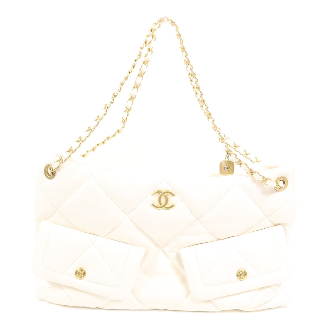 White CHANEL Lambskin Hobo Shoulder Bag CC GHW 25K: White CHANEL Lambskin Hobo Shoulder Bag CC GHW 25K This CHANEL CC Hobo Chain Shoulder Bag is crafted from luxurious white lambskin leather and features gold-tone hardware. Designed for women, this ele