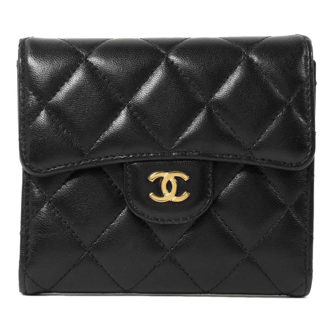 CHANEL Black Lambskin Tri Fold Wallet CC GHW AP0231: CHANEL Black Lambskin Tri Fold Wallet CC GHW AP0231 This CHANEL Classic Small Flap Wallet features a tri-fold design crafted from luxurious black lambskin leather. Designed for women, it combines eleg