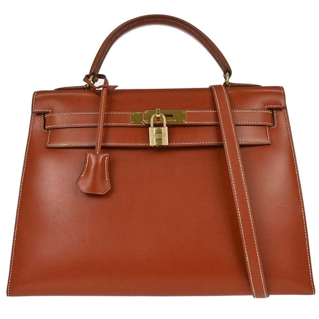 Hermes Kelly 32 Brick Box Calf Sellier Top Handle Bag: Hermes Kelly 32 Brick Box Calf Sellier Top Handle Bag This Hermes Kelly 32 Sellier 2-way handbag is crafted from brown box calf leather with gold-tone hardware. It features a classic top handle design
