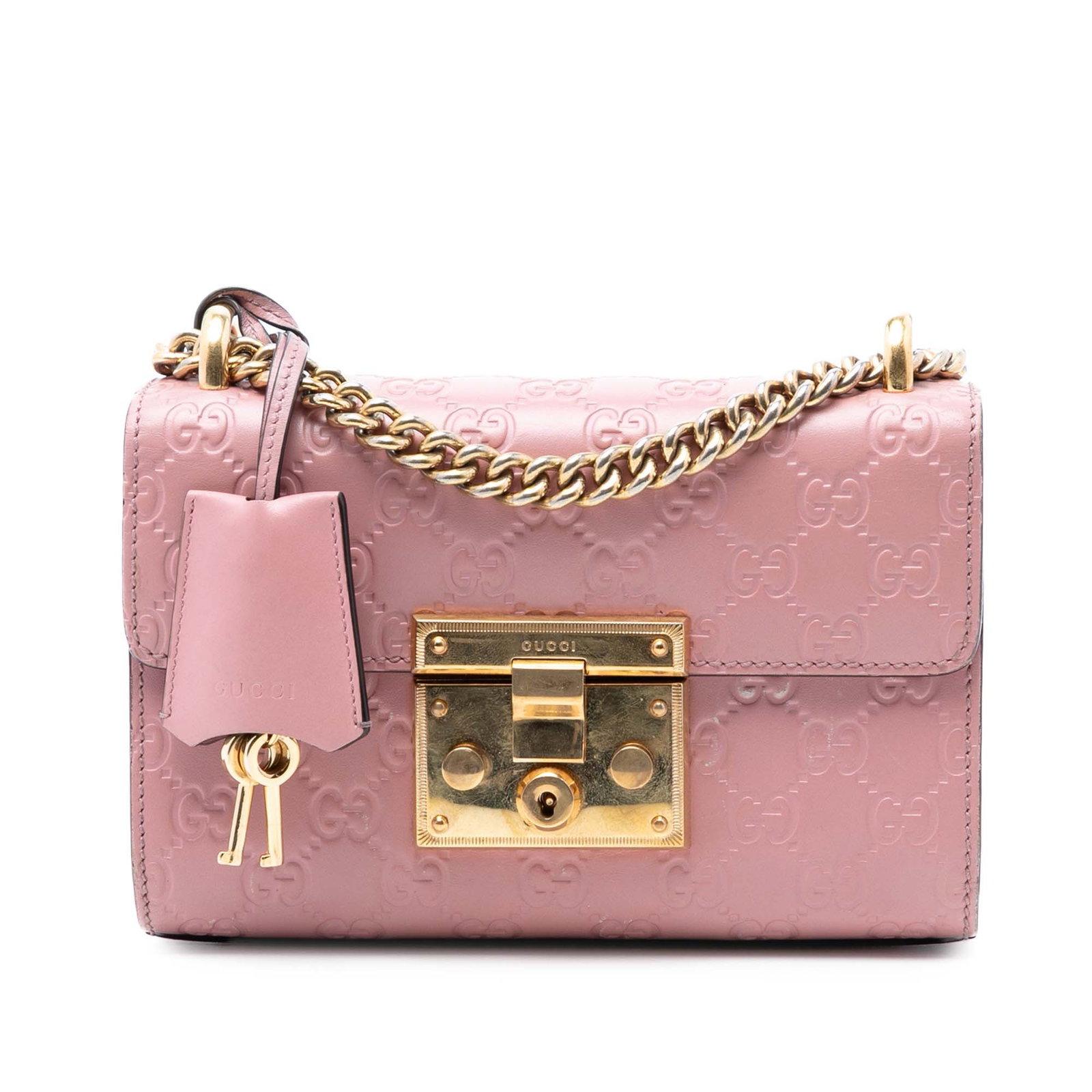 Gucci Pink Leather Padlock Crossbody Bag: Gucci Pink Leather Padlock Crossbody Bag This Small Guccissima Padlock Crossbody bag features embossed leather in a pink hue and is designed with a gold-tone chain strap. It includes a front flap with