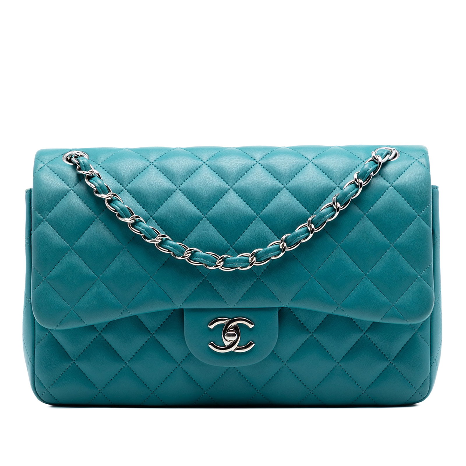Chanel blue lambskin flap shoulder bag with CC turn lock: Chanel blue lambskin flap shoulder bag with CC turn lock This Chanel Jumbo Classic Double Flap shoulder bag is crafted from quilted blue lambskin leather and features leather-woven chain straps, doubl