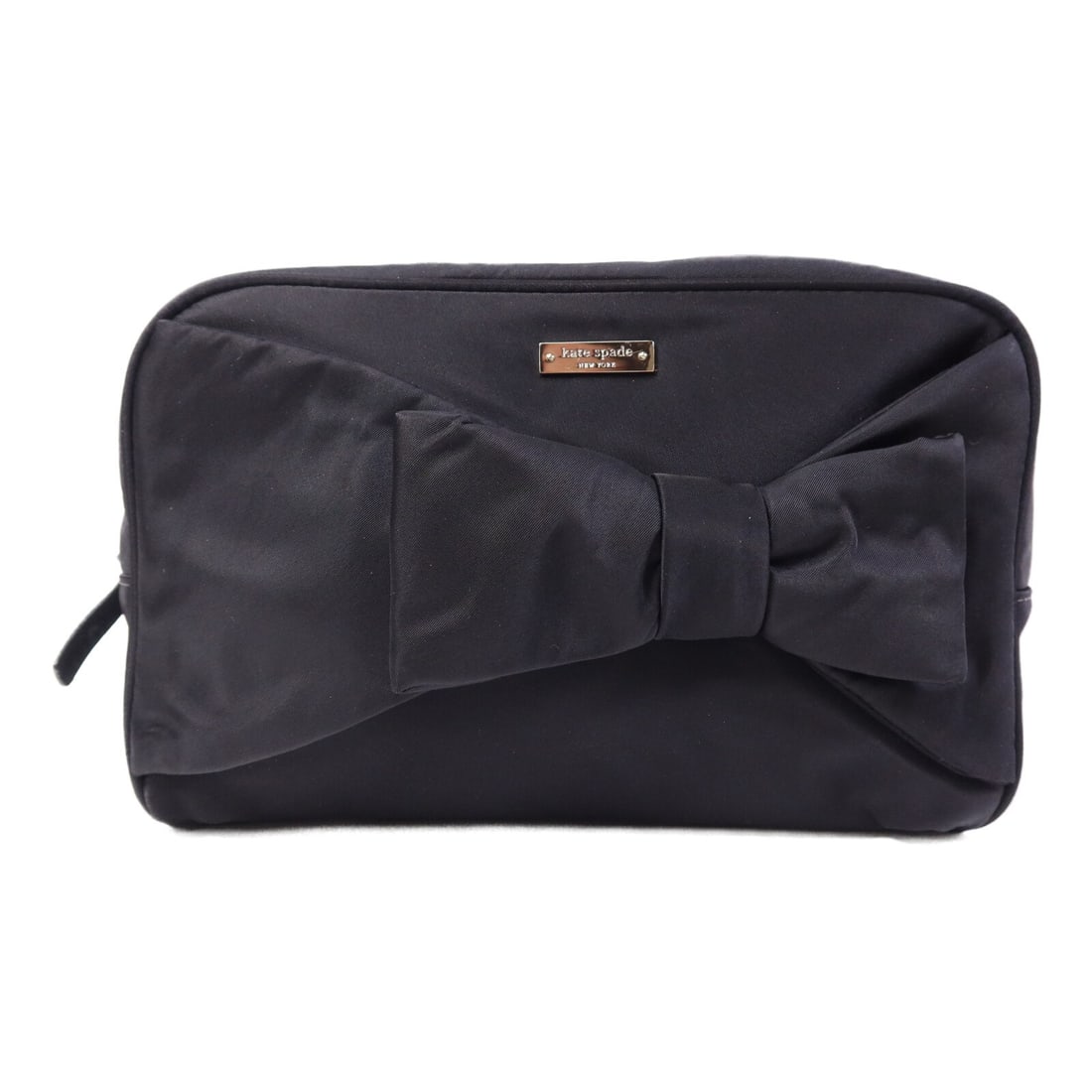 Nylon Black Pouch with Silver Hardware by Kate Spade: Nylon Black Pouch with Silver Hardware by Kate Spade This Kate Spade pouch features a sleek black nylon exterior with silver-tone hardware. Designed for women, it offers a practical and stylish access