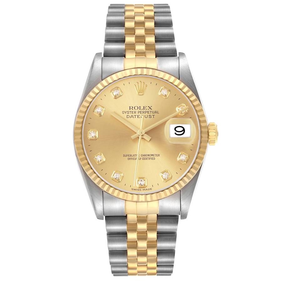 Rolex Datejust 16233G Champagne Diamond Dial Jubilee Bracelet: Rolex Datejust 16233G Champagne Diamond Dial Jubilee Bracelet This Rolex Datejust features a champagne diamond factory dial, complemented by a fluted bezel and mounted on a D-Link Jubilee bracelet. Th