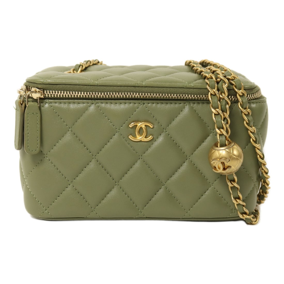 CHANEL Green Lambskin Vanity Case Gold Ball Chain Shoulder Bag: CHANEL Green Lambskin Vanity Case Gold Ball Chain Shoulder Bag This CHANEL CC vanity case shoulder bag features luxurious green lambskin leather and is accented with gold-tone hardware, including a di