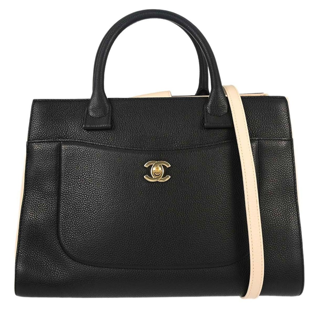 Chanel Neo Executive Cerf black white calfskin tote bag: Chanel Neo Executive Cerf black white calfskin tote bag This Chanel Neo Executive Cerf tote bag features a sophisticated black and white calfskin leather exterior with double handles and a magnetic cl