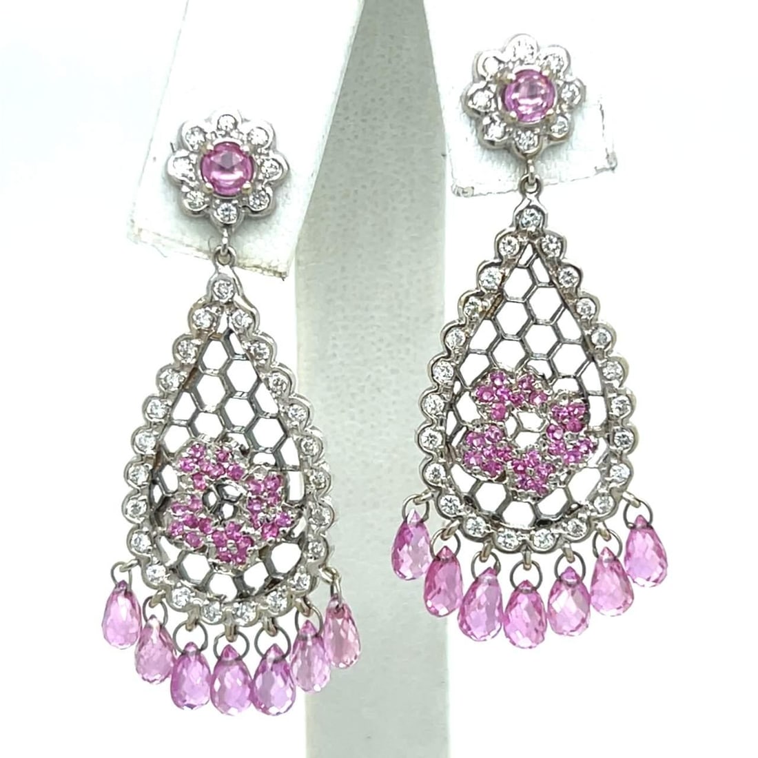 Elegant 18K White Gold Pink Tourmaline Diamond Earrings 1.75 Inches: Elegant 18K White Gold Pink Tourmaline Diamond Earrings 1.75 Inches Elevate your elegance with these stunning 18K White Gold Pink Tourmaline and Diamond Earrings. Crafted with a total weight of 7.6 gr