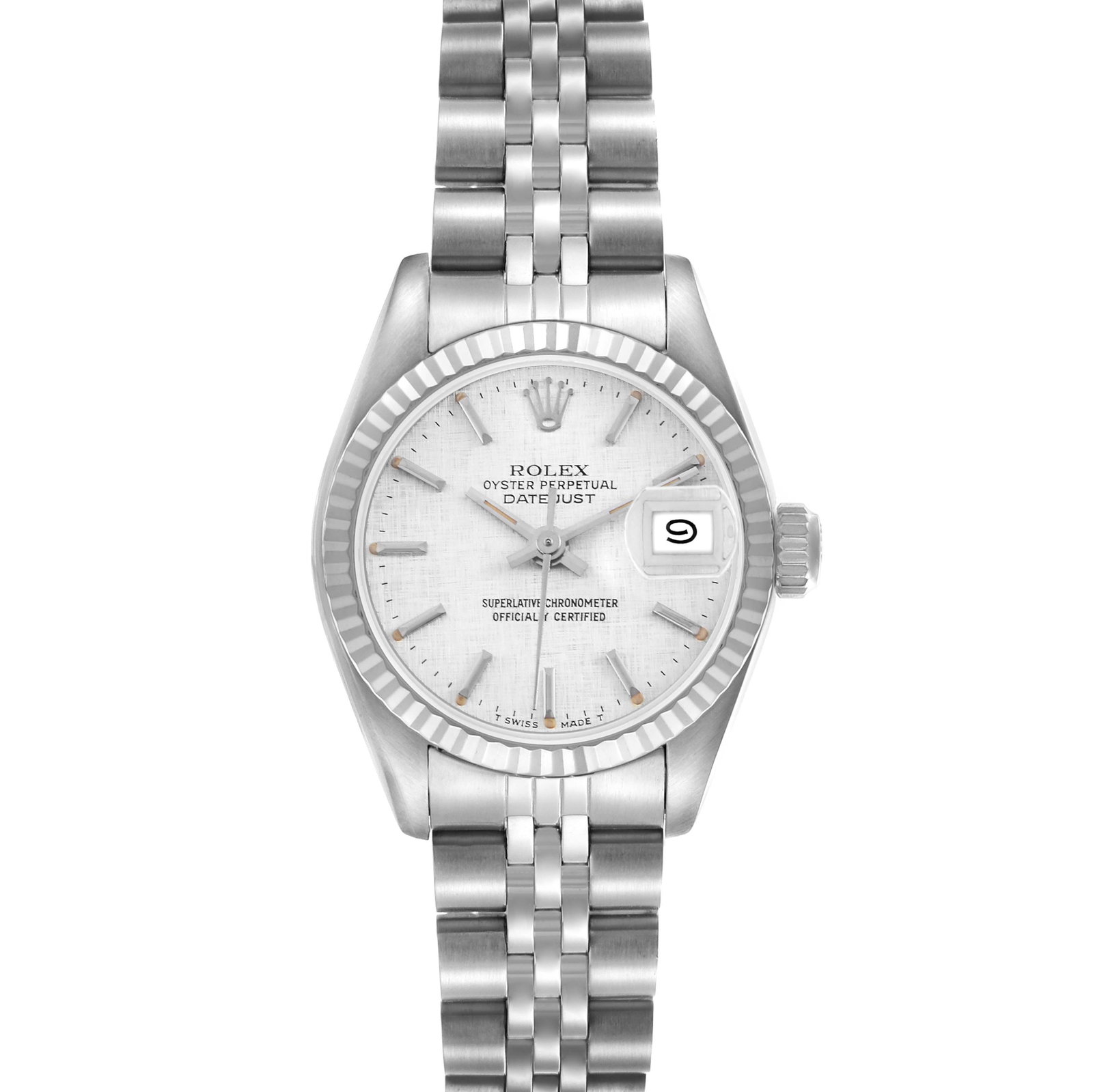 Datejust Lady 69174 Silver Stick Dial Jubilee Bracelet with Papers 1996: Datejust Lady 69174 Silver Stick Dial Jubilee Bracelet with Papers 1996 This is a Rolex Datejust Lady wristwatch, reference 69174, featuring a silver stick dial and a fluted bezel. The watch is fitted