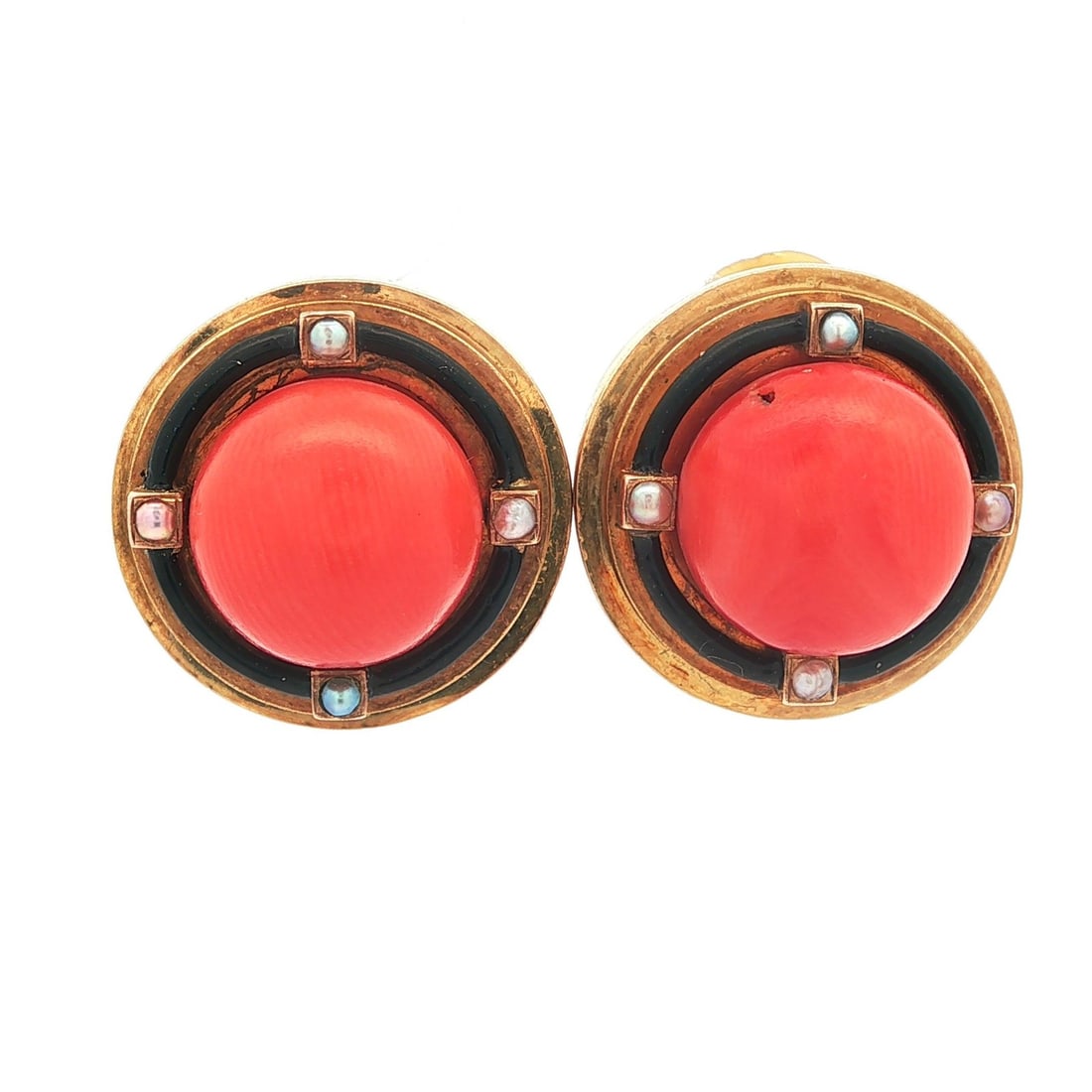 Antique Victorian 17-18k Gold Coral Pearl Clip On Earrings: Antique Victorian 17-18k Gold Coral Pearl Clip On Earrings This exquisite pair of Antique Victorian Gold Coral Pearl & Black Enamel Target Button Clip On Earrings showcases a stunning blend of natural