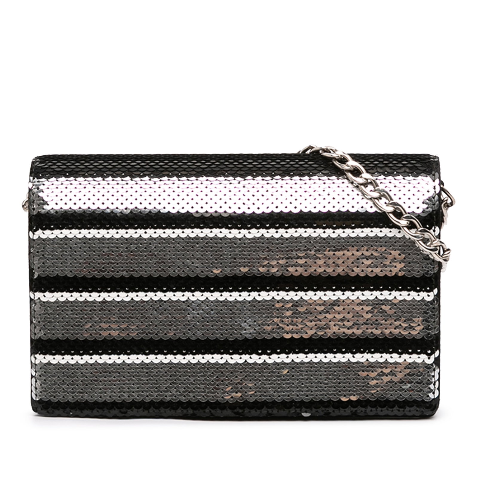 Prada Baia Wallet on Chain with Silver Sequin Detailing: Prada Baia Wallet on Chain with Silver Sequin Detailing This Prada Sequin Embellished Baia Chain Flap is a wallet on chain crafted from silver-toned fabric, featuring sequin embellishments. It include