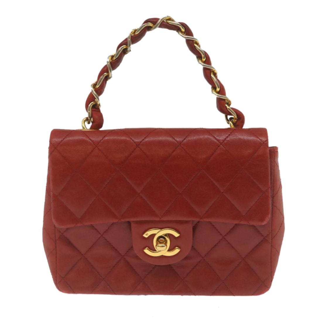 Chanel Red Quilted Lambskin Vintage Square Flap Bag with Chain Handle: Chanel Red Quilted Lambskin Vintage Square Flap Bag with Chain Handle This Chanel Vintage Square Chain Handle Flap Bag features quilted lambskin leather in red, designed for women. The bag is crafted 