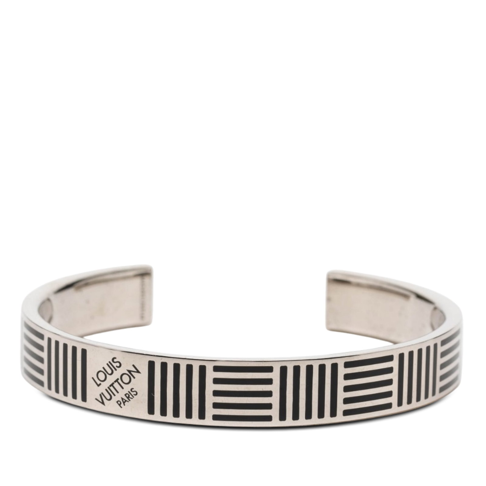 Louis Vuitton silver tone Damier Colors cuff bracelet: Louis Vuitton silver tone Damier Colors cuff bracelet This Louis Vuitton Brass Damier Colors cuff bracelet features a silver tone metal body with a distinctive design. Crafted in Italy, it is categori