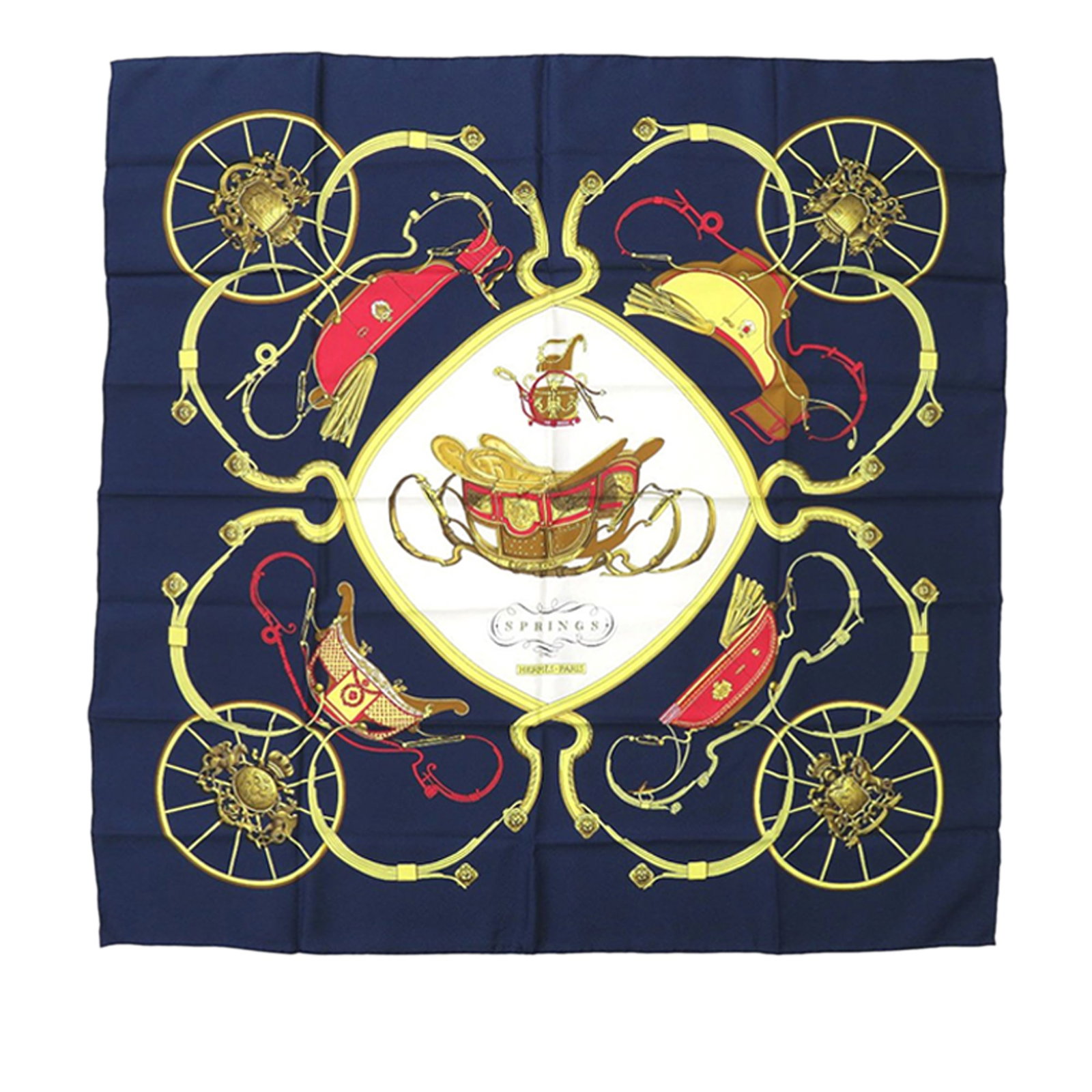Blue Springs 90 Silk Scarf by Hermes France: Blue Springs 90 Silk Scarf by Hermes France This Hermes Springs Silk Scarf 90 features the iconic Springs print in blue on 100% silk. Crafted in France, this accessory offers a luxurious feel and vers