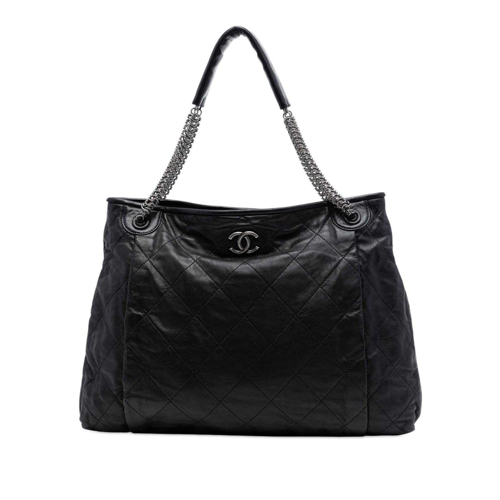 Chanel CC Quilted Lambskin Tote Bag Chain Straps Black: Chanel CC Quilted Lambskin Tote Bag Chain Straps Black This Chanel CC Quilted Lambskin Chain Shopping Tote showcases a luxurious quilted lambskin leather exterior in black, complemented by chain link 