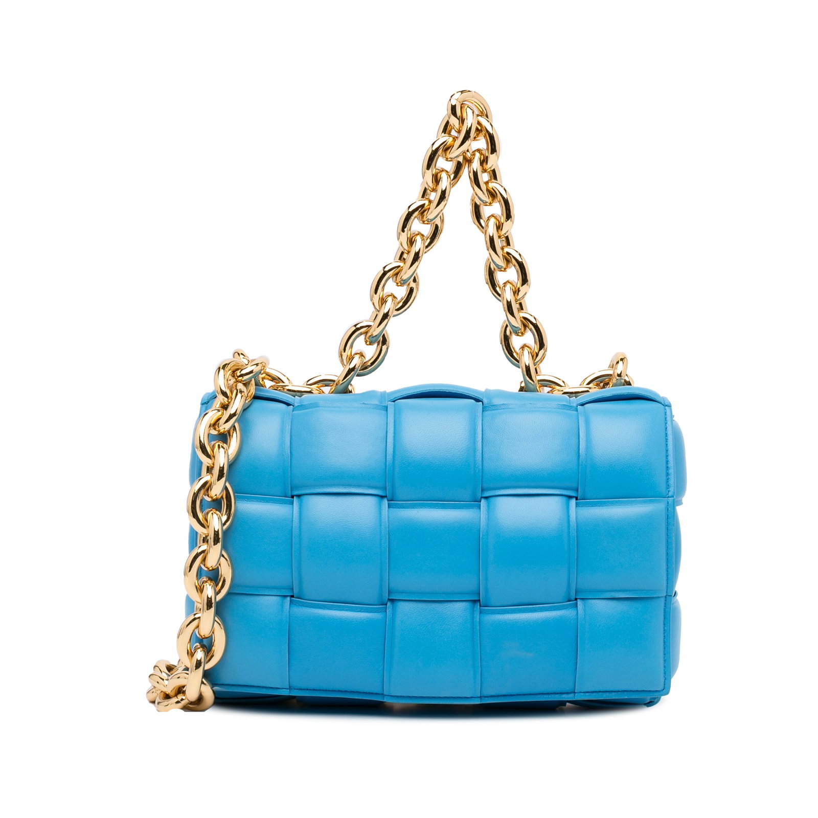 Bottega Veneta Blue Nappa Intrecciato Padded Chain Satchel: Bottega Veneta Blue Nappa Intrecciato Padded Chain Satchel Introducing the Bottega Veneta Nappa Intrecciato Padded Chain Cassette Satchel, a luxurious accessory crafted from woven lambskin leather. Th