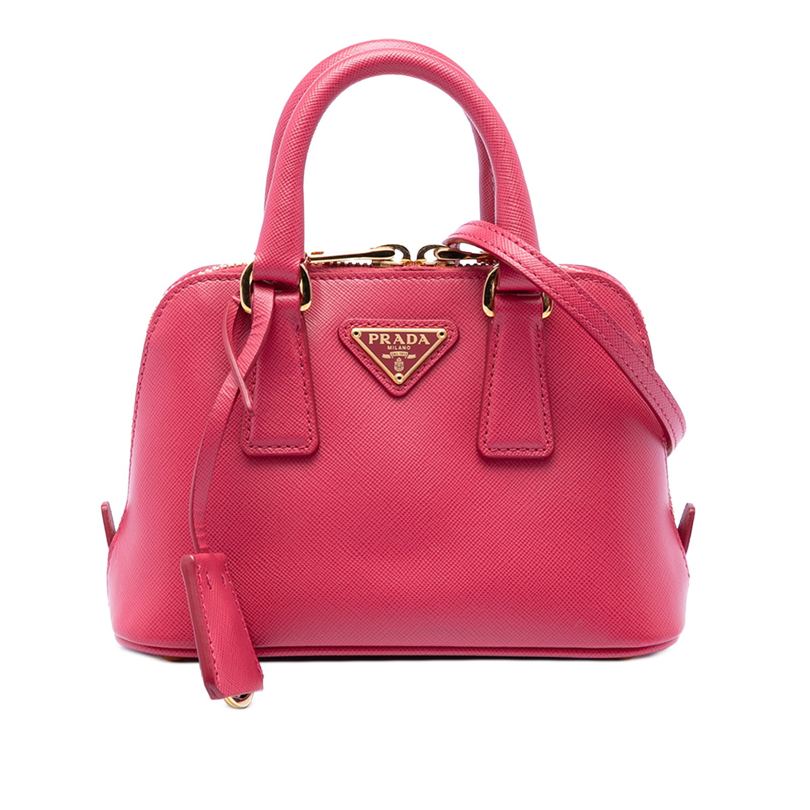 Pink Prada Mini Saffiano Lux leather satchel: Pink Prada Mini Saffiano Lux leather satchel This Prada Mini Saffiano Lux Promenade Satchel features a pink saffiano leather body with rolled leather handles and a detachable, adjustable flat leather 