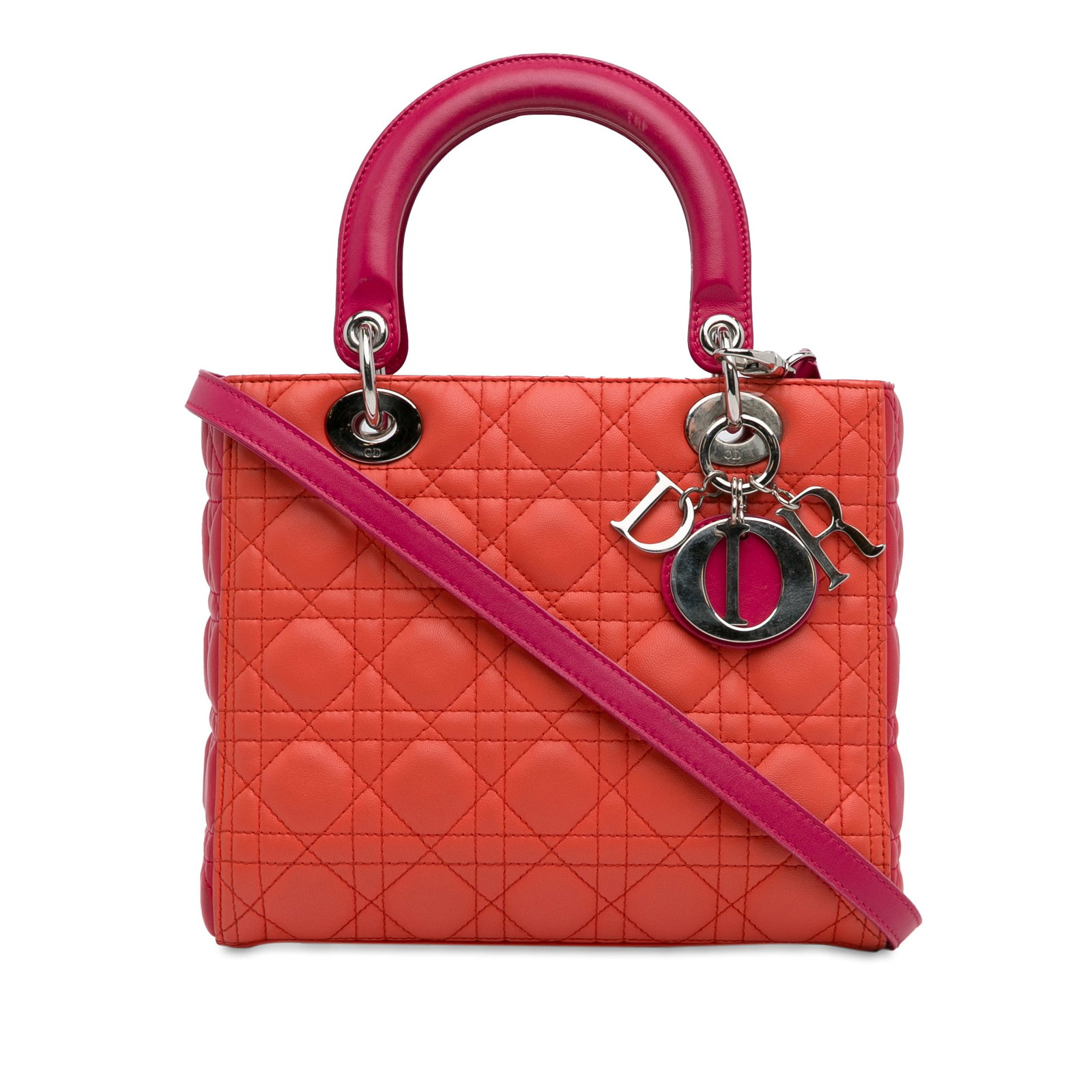Dior Medium Bicolor Lambskin Cannage Lady Dior Handbag Orange: Dior Medium Bicolor Lambskin Cannage Lady Dior Handbag Orange Introducing the Medium Bicolor Lambskin Cannage Lady Dior, a stunning handbag crafted from luxurious quilted bicolor lambskin leather. Thi