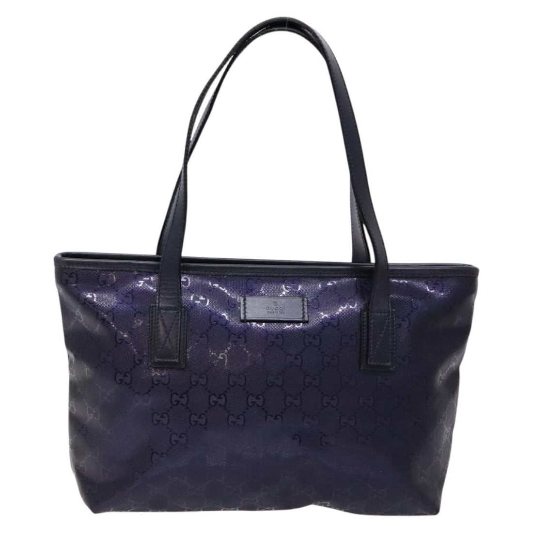 Navy Canvas Gucci Plus Tote Bag 29cm by 20cm by 8cm: Navy Canvas Gucci Plus Tote Bag 29cm by 20cm by 8cm This Gucci Plus Tote for women features a navy canvas exterior with leather handles and metal fittings. The bag shows signs of wear including slight