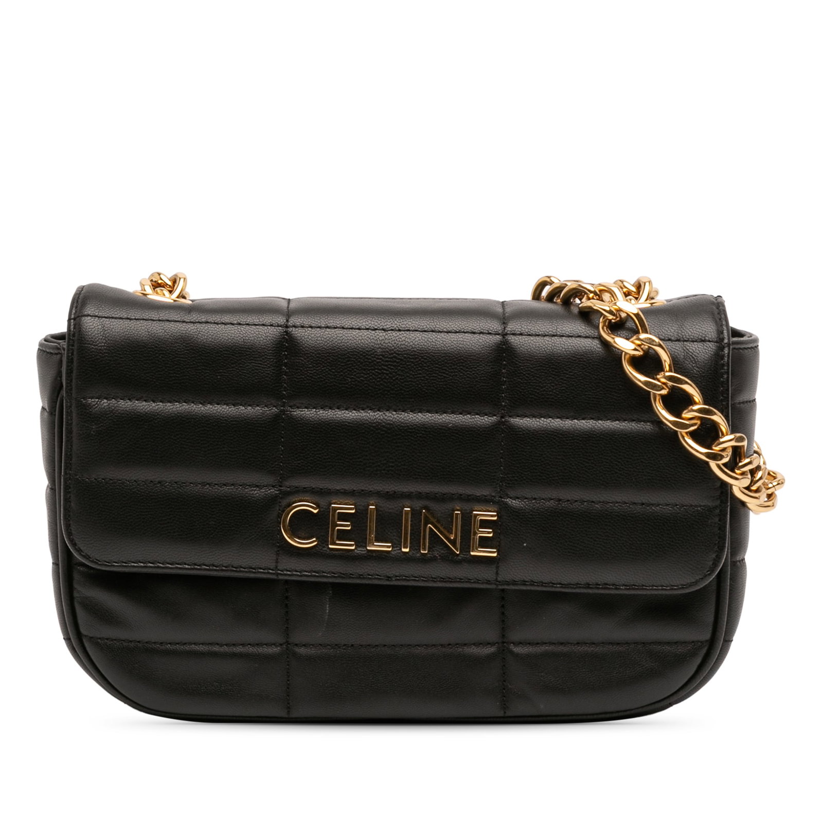 Celine Matelasse Quilted Black Goatskin Chain Flap Shoulder Bag: Celine Matelasse Quilted Black Goatskin Chain Flap Shoulder Bag This Celine Matelasse Goatskin Monochrome Chain Shoulder Bag features a quilted goatskin leather body in black, complemented by a chain 