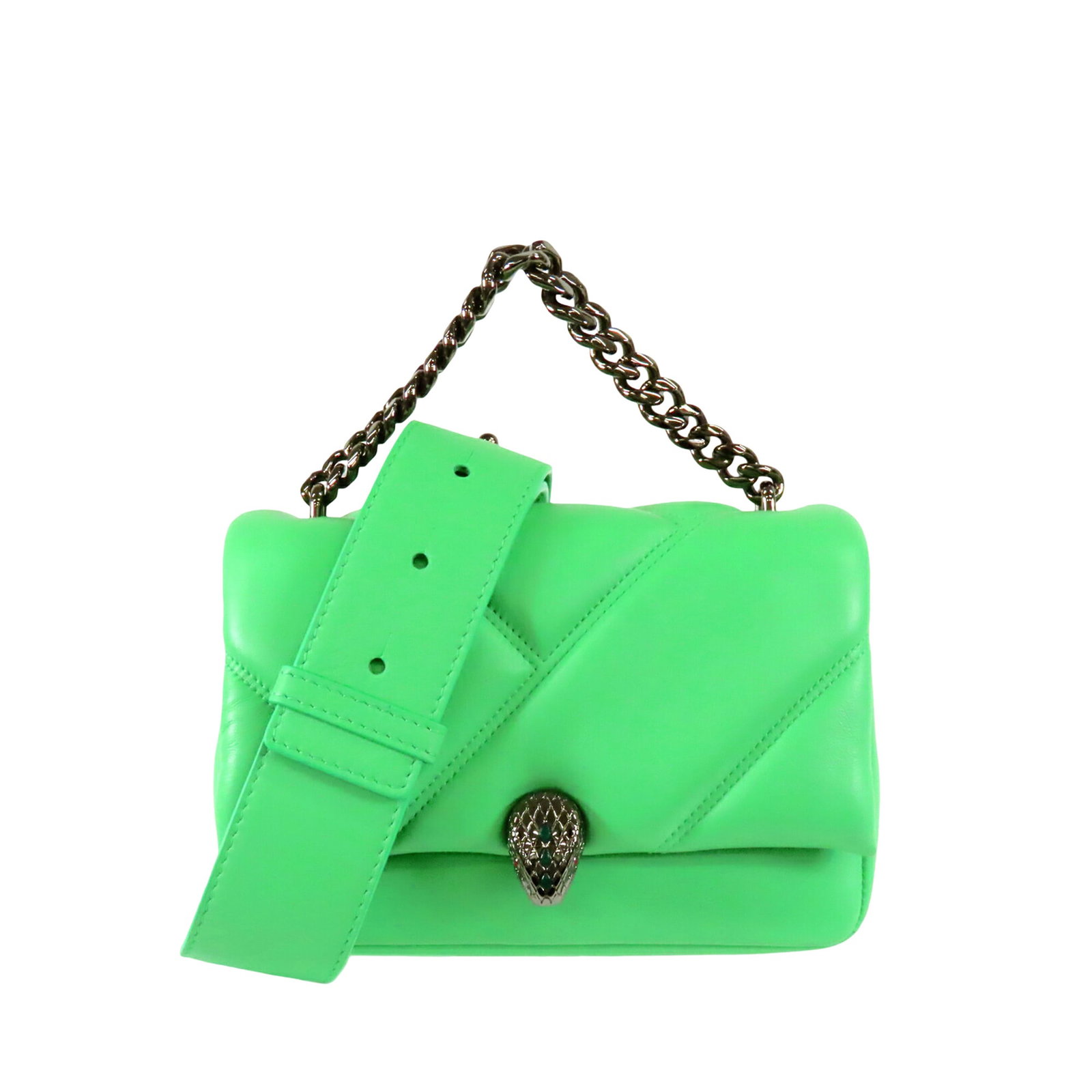 Bvlgari Serpenti Cabochon Green Leather Mini Satchel: Bvlgari Serpenti Cabochon Green Leather Mini Satchel This Bvlgari Mini Leather Serpenti Cabochon Satchel features a luxurious green leather body, complemented by a curb chain link handle and a detacha