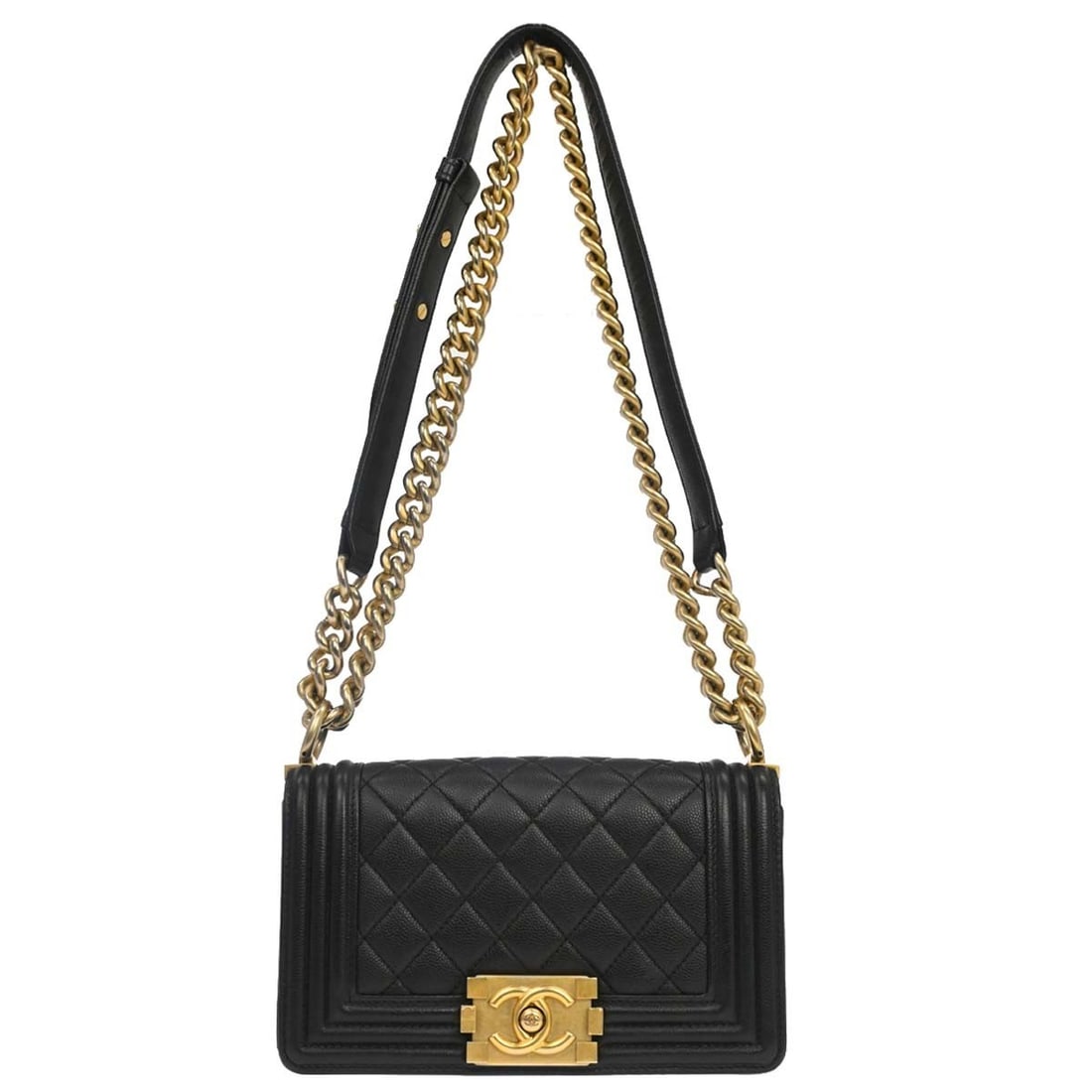 Chanel Boy Black Calfskin Mini Chain Strap Shoulder Bag: Chanel Boy Black Calfskin Mini Chain Strap Shoulder Bag This Boy Chanel small chain shoulder bag is crafted from black calfskin leather and features a classic clasp flap closure. The mini-sized bag in