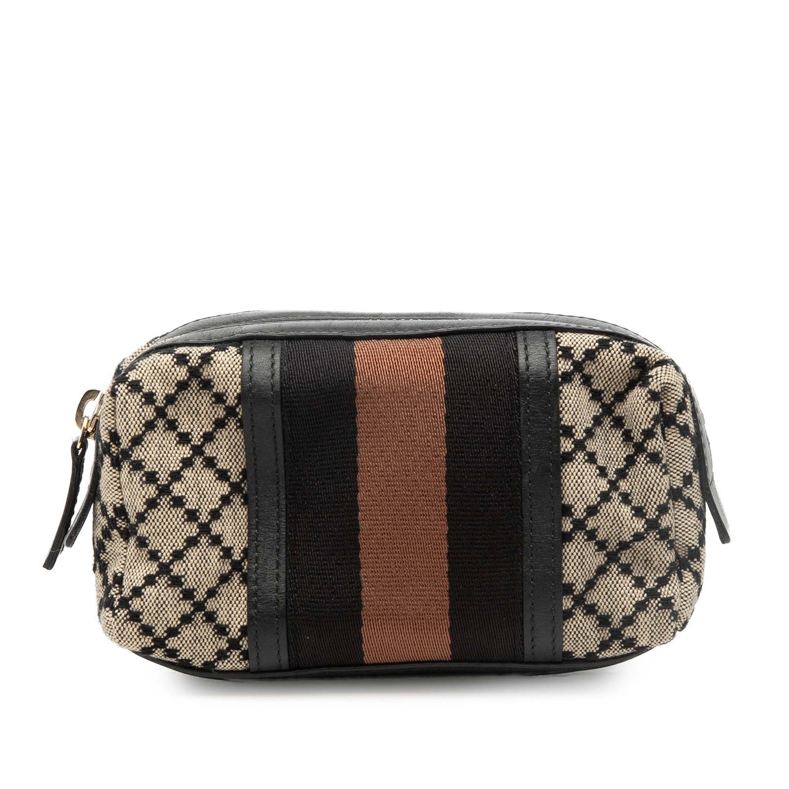 Gucci Beige Diamante Canvas Pouch with Web Detail and Leather Trim: Gucci Beige Diamante Canvas Pouch with Web Detail and Leather Trim This Gucci Diamante Canvas Web Pouch features a canvas body with leather trim and signature web detail. It is designed with a top zip