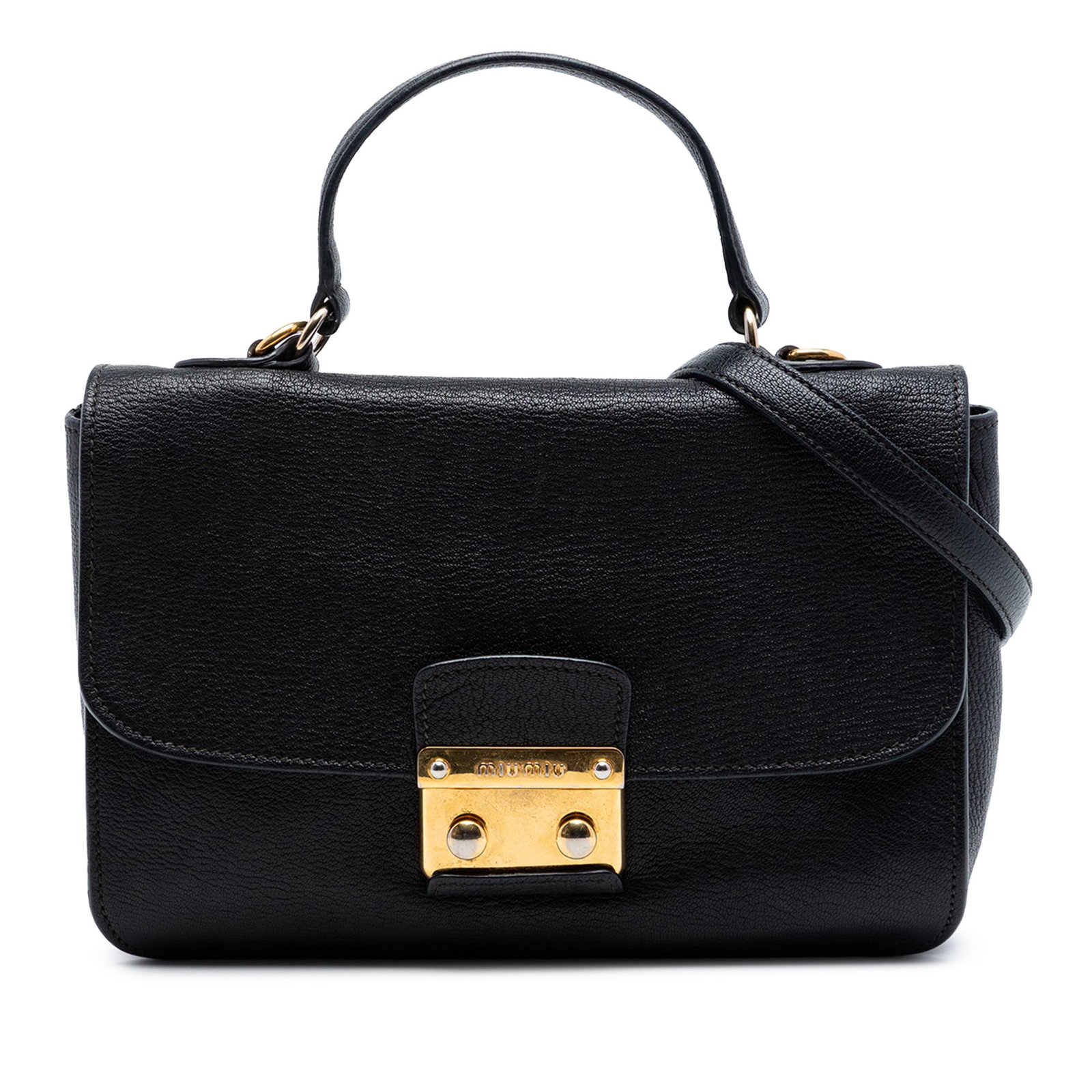 Miu Miu black leather flap satchel with shoulder strap: Miu Miu black leather flap satchel with shoulder strap This Miu Miu Goatskin Madras Flap Satchel is crafted from goatskin leather and features a flat top handle, an adjustable flat leather shoulder st