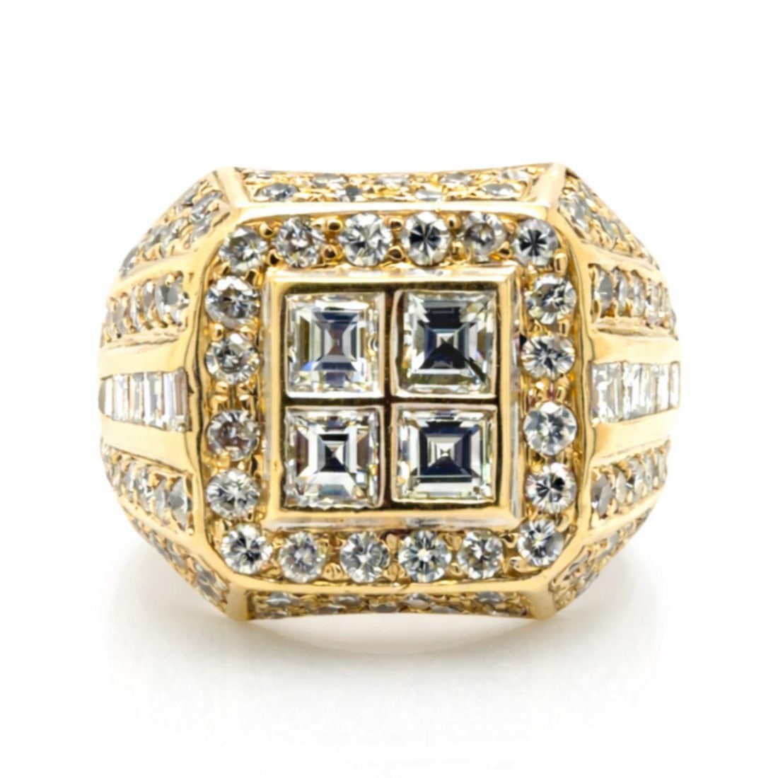 Diamond Ring in 14K Yellow Gold 4.30 Carat Total Weight Size 11: Diamond Ring in 14K Yellow Gold 4.30 Carat Total Weight Size 11 This 14K yellow gold ring features a total of approximately 4.30 carats of diamonds. The design includes 14 Ascher-cut diamonds weighing
