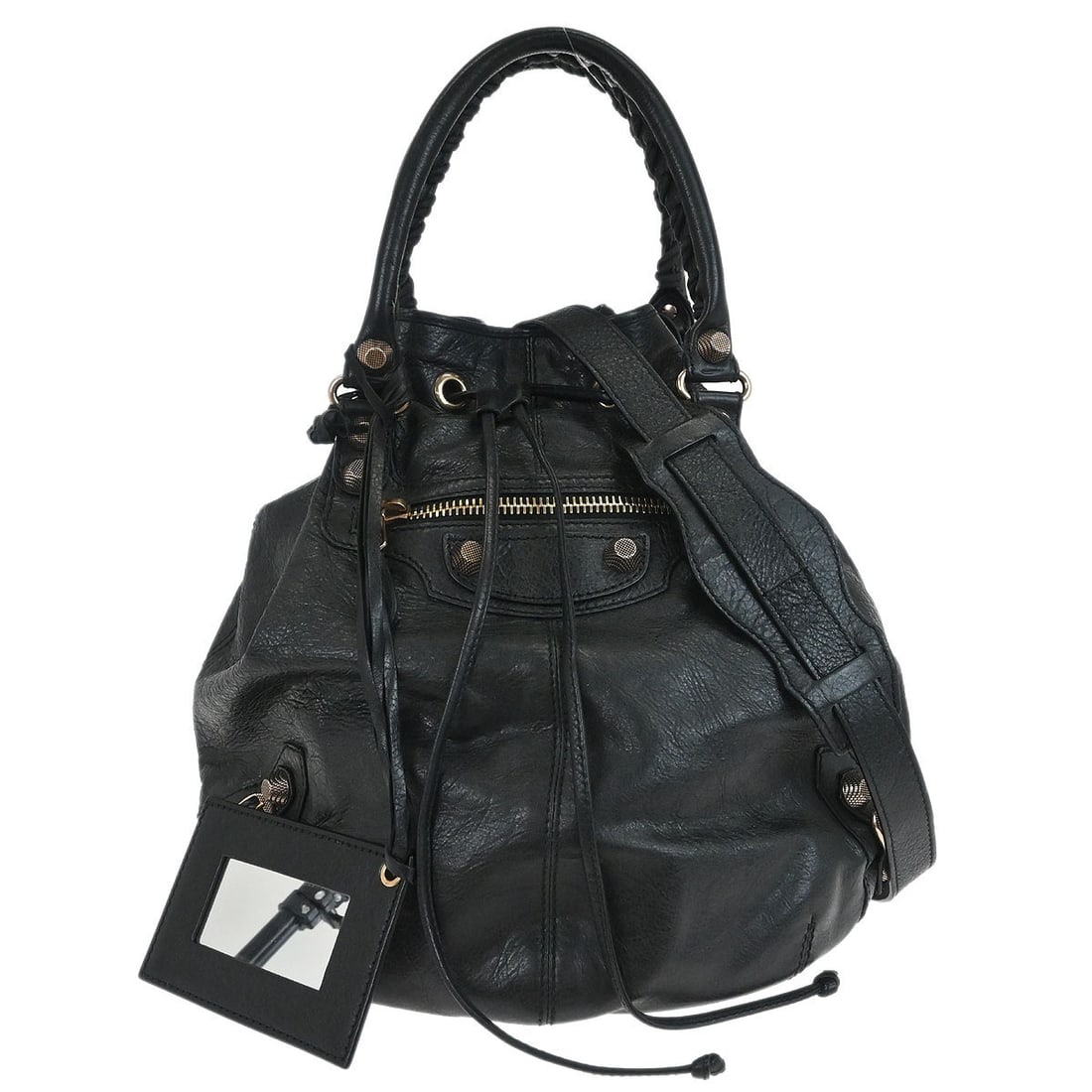Balenciaga Pompon black leather top handle bag 2way: Balenciaga Pompon black leather top handle bag 2way This Balenciaga Black Pompon 2way handbag is crafted from high-quality leather and features a spacious large size with a top handle design. The bag 