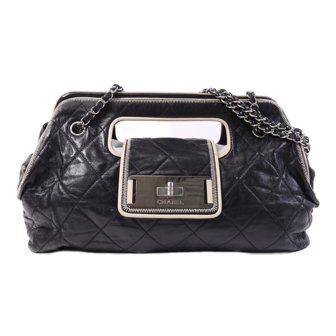 Black Calfskin Leather Shoulder Bag by Chanel with Silver Chain: Black Calfskin Leather Shoulder Bag by Chanel with Silver Chain This CHANEL CC shoulder bag features a classic chain design crafted from black calfskin leather. The bag has a regular size and is made 
