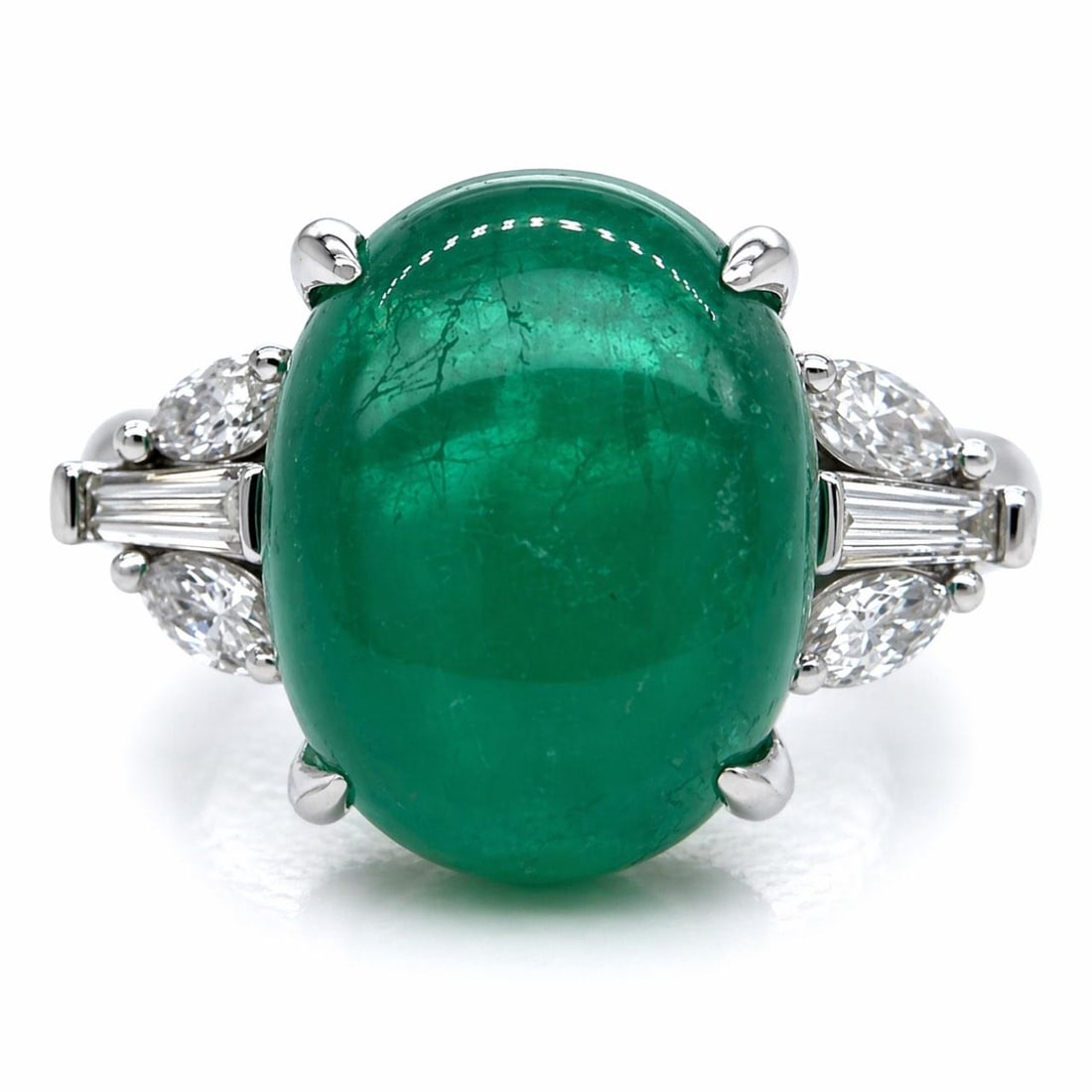 5.94 Carat Emerald and Diamond Platinum Ring Size 6: 5.94 Carat Emerald and Diamond Platinum Ring Size 6 This platinum ring features a 5.94 carat emerald as its centerpiece, complemented by six diamonds totaling 0.38 carats with H-I color and VVS-VS cla