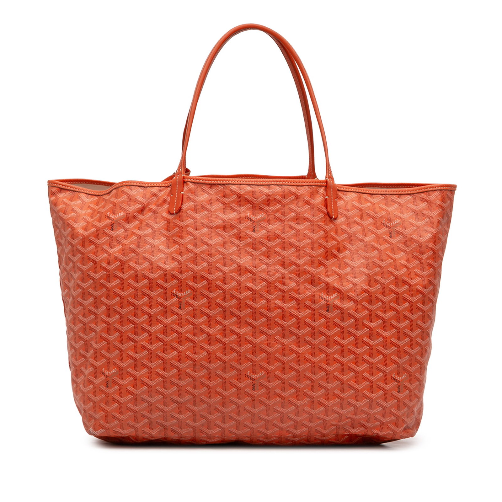 Goyard Saint Louis PM Orange Tote with Leather Trim: Goyard Saint Louis PM Orange Tote with Leather Trim This Goyard Saint Louis PM bag features a coated canvas exterior with leather trim and flat leather handles. The open top design provides easy acces