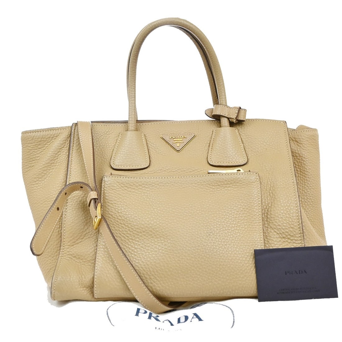 Prada Beige Leather Front Pocket Wing Convertible Tote Bag: Prada Beige Leather Front Pocket Wing Convertible Tote Bag This is a Prada Front Pocket Wing Convertible Tote crafted from beige leather. Designed for female users, it features practical front pocket 