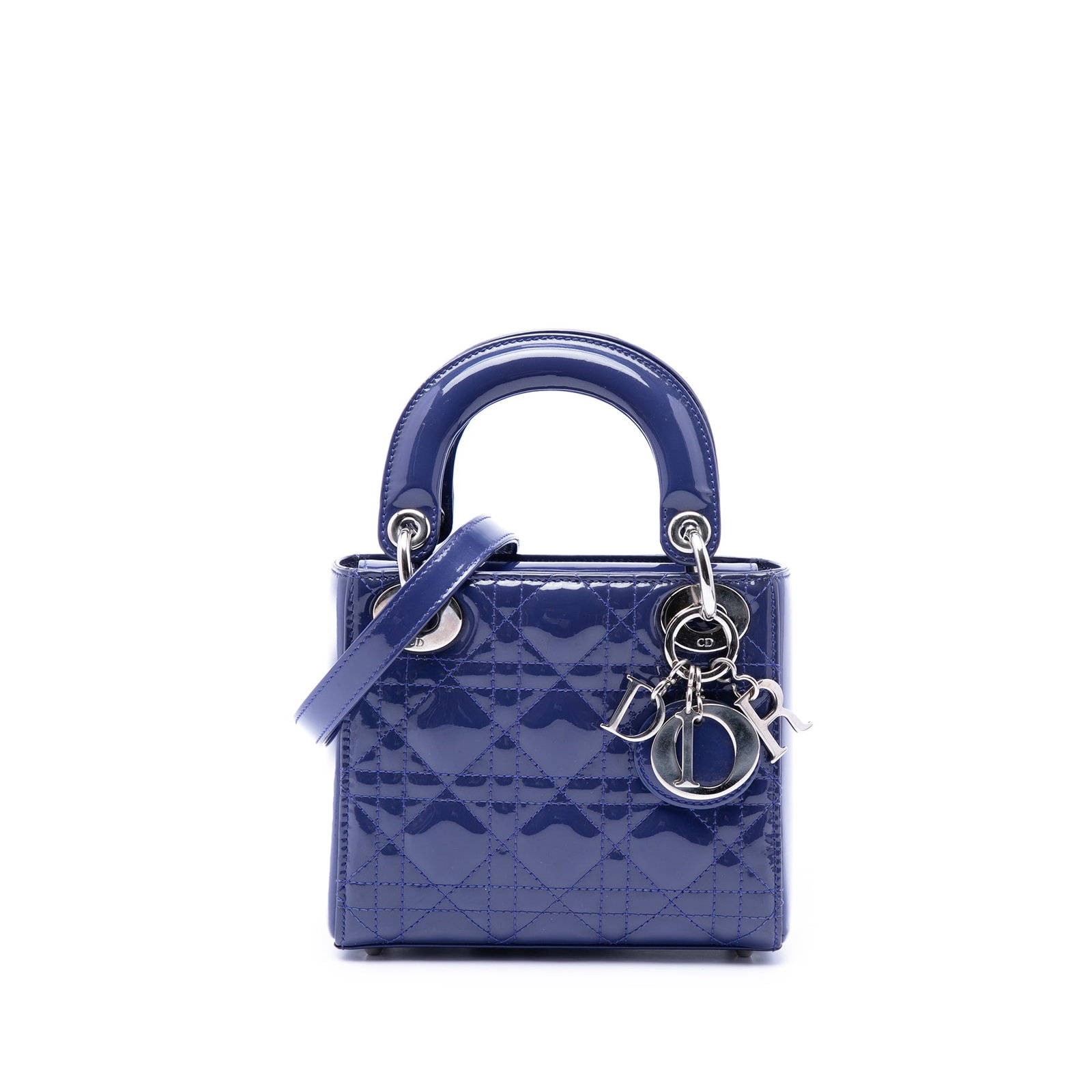 Dior Mini Cannage Lady Bag Blue Patent Leather: Dior Mini Cannage Lady Bag Blue Patent Leather This Mini Patent Cannage Lady Dior bag features a quilted patent leather exterior in blue, flat top handles, and a detachable flat leather strap. It has 