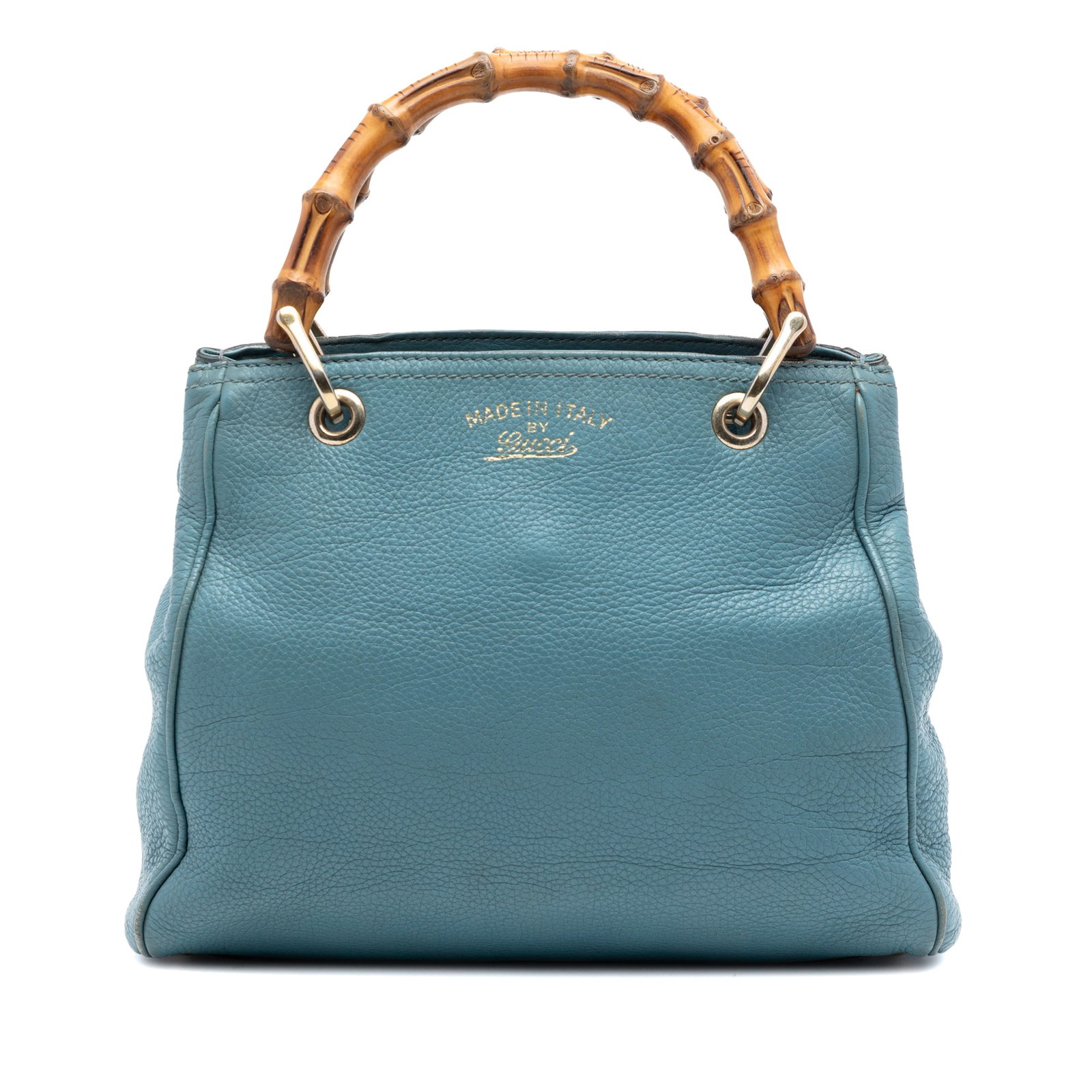 Gucci Blue Leather Bamboo Shopper Satchel Small: Gucci Blue Leather Bamboo Shopper Satchel Small This Gucci Small Calfskin Bamboo Shopper Satchel features a blue leather body, distinctive bamboo top handles, an open top with a magnetic closure, and 